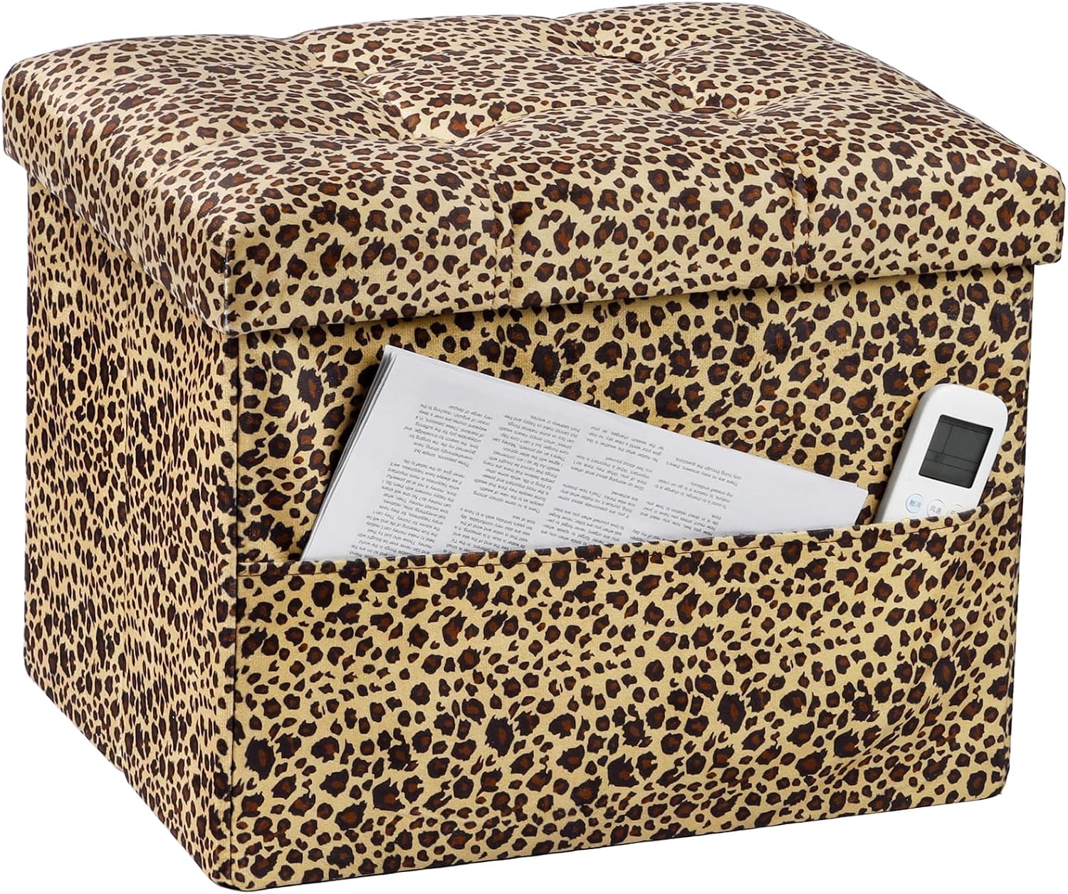 Leopard-print fabric storage ottoman angled to show tufted top and front pocket holding papers and a remote