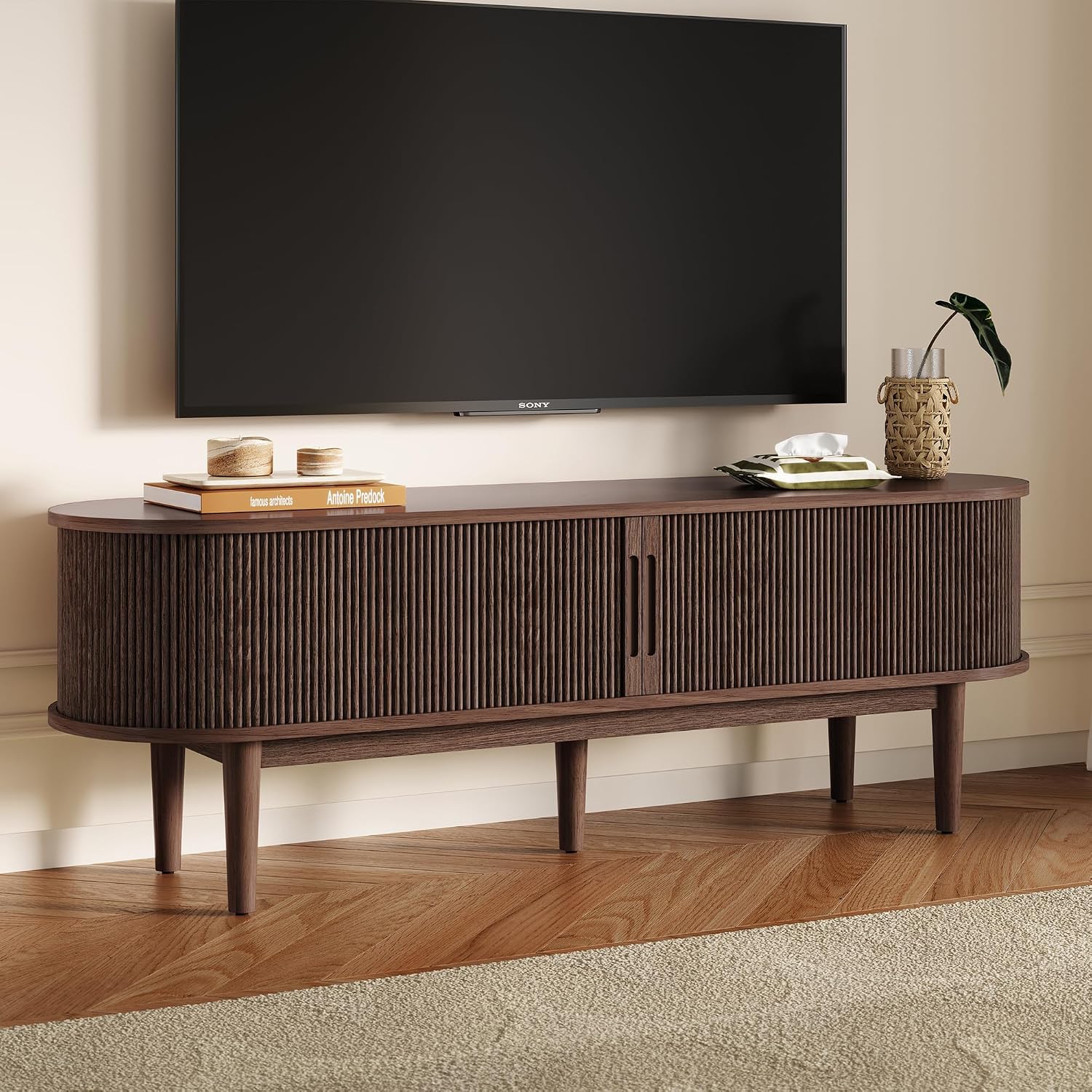 LINSY HOME 70" Fluted TV Stand for TVs up to 80 Inch, Mid Century Modern Entertainment Center with Storage Cabinet and Sliding Doors, Farmhouse Wood Media TV Console for Living Room, Bedroom, Walnut