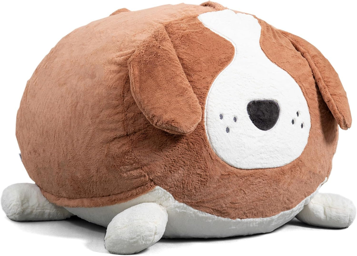 Three-quarter view of a plush dog-shaped lounger with floppy ears and a white snout on a white background