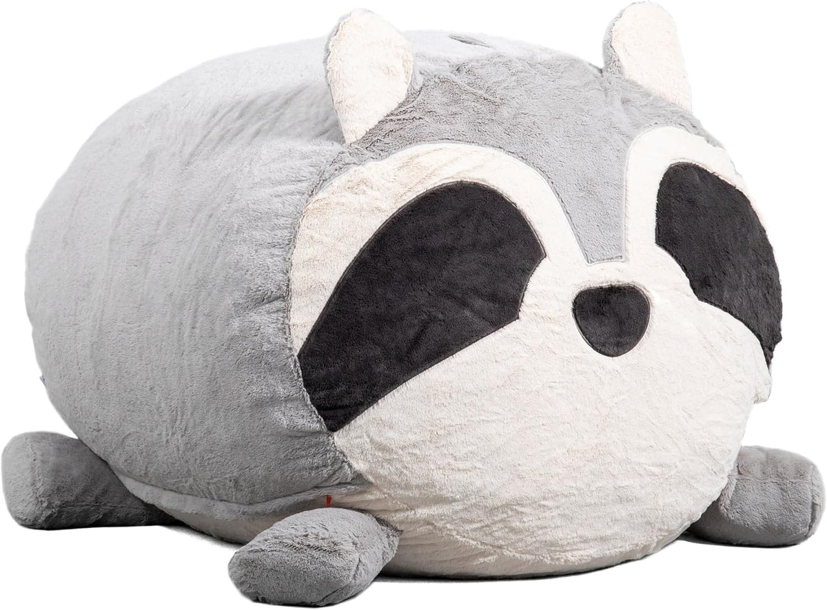 Front view of a large plush raccoon-shaped bean bag with gray body and white face details.