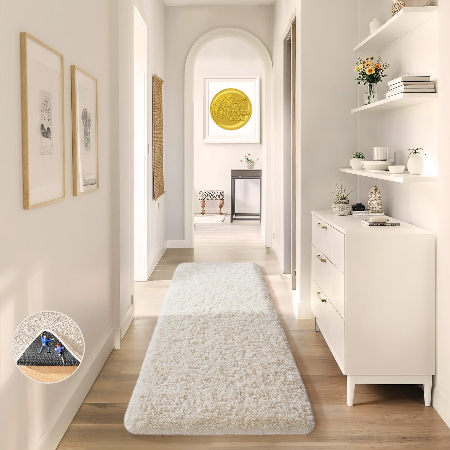 Bright hallway with a soft cream shag runner centered on wood flooring and framed art on walls