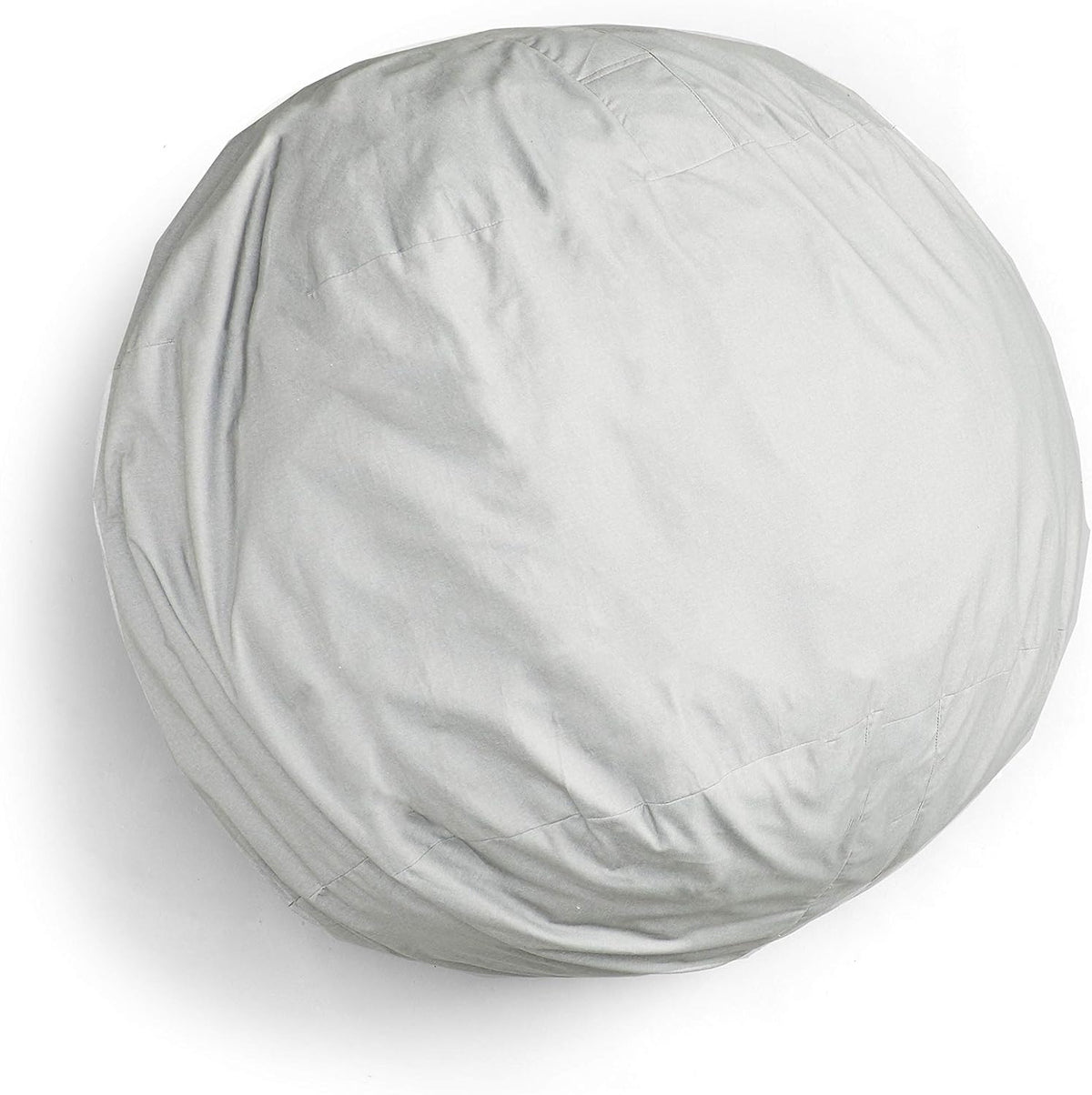 Top-down view of a round light-gray bean bag showing stitched panels and fabric texture