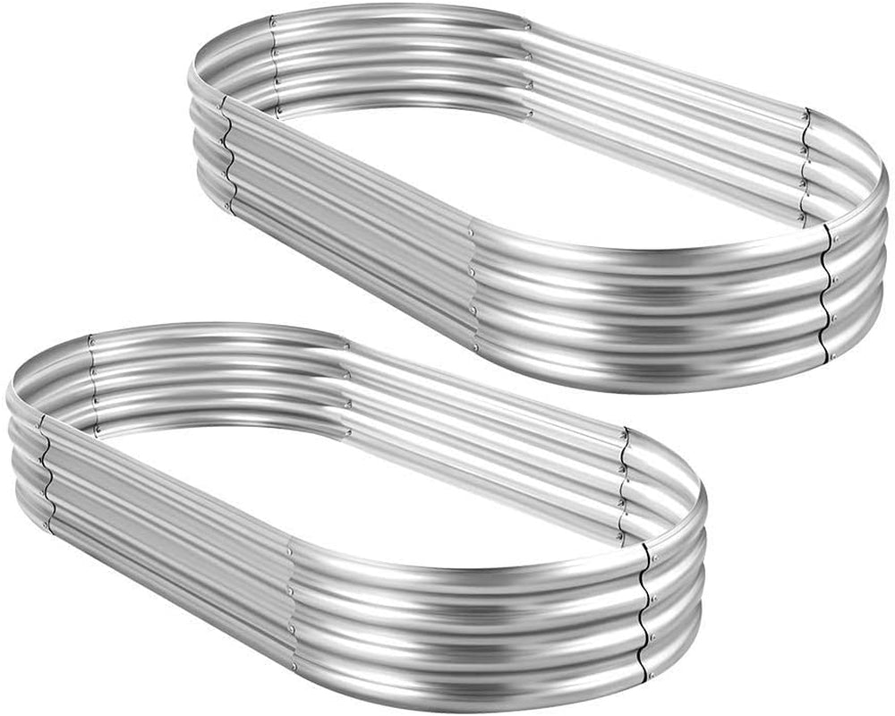 Two oval galvanized raised beds shown side-by-side to illustrate two different sizes