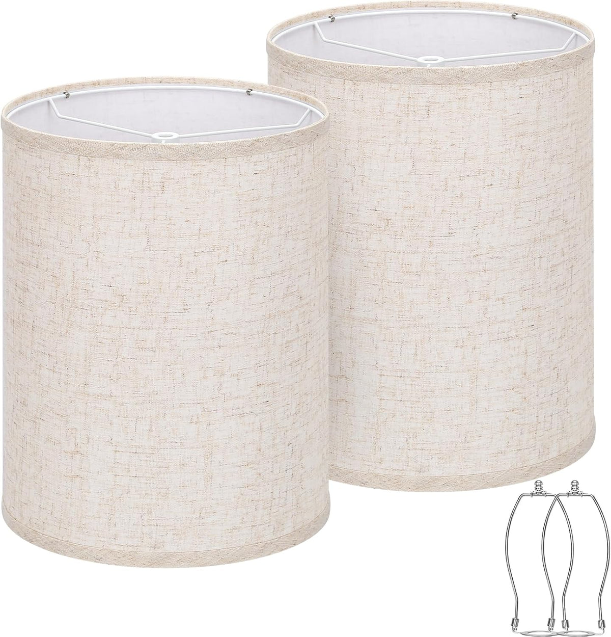 Beige linen-look drum lampshades set of two close-up front view with two metal harp supports