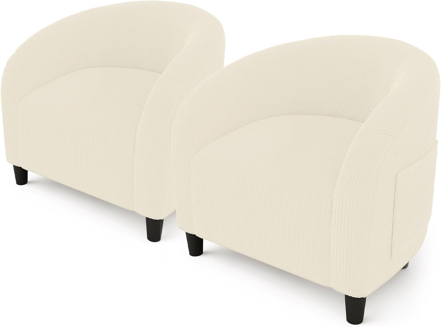 Pair of beige barrel chairs shown on a white background, angled slightly to show sides.