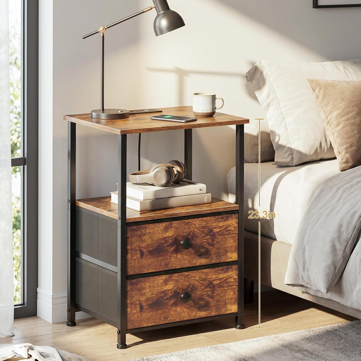 Single nightstand beside bed showing top lamp, phone charging on recessed power panel and 23.3 inch height callout