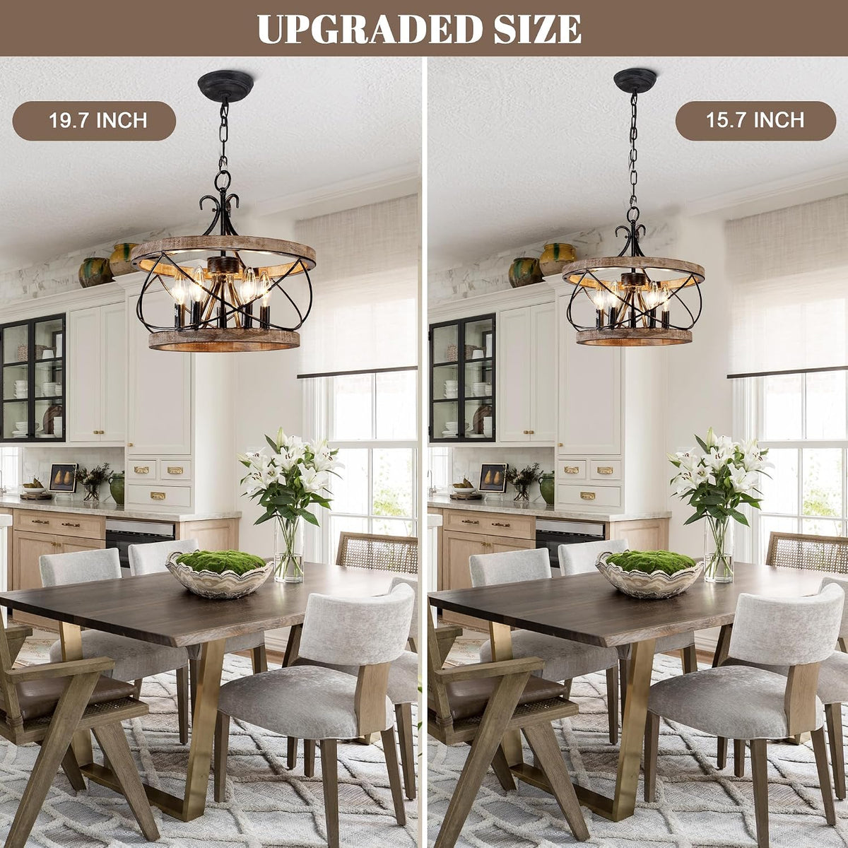 Side-by-side comparison of two wood drum chandeliers in a dining room showing different diameters labeled 19.7 and 15.7
