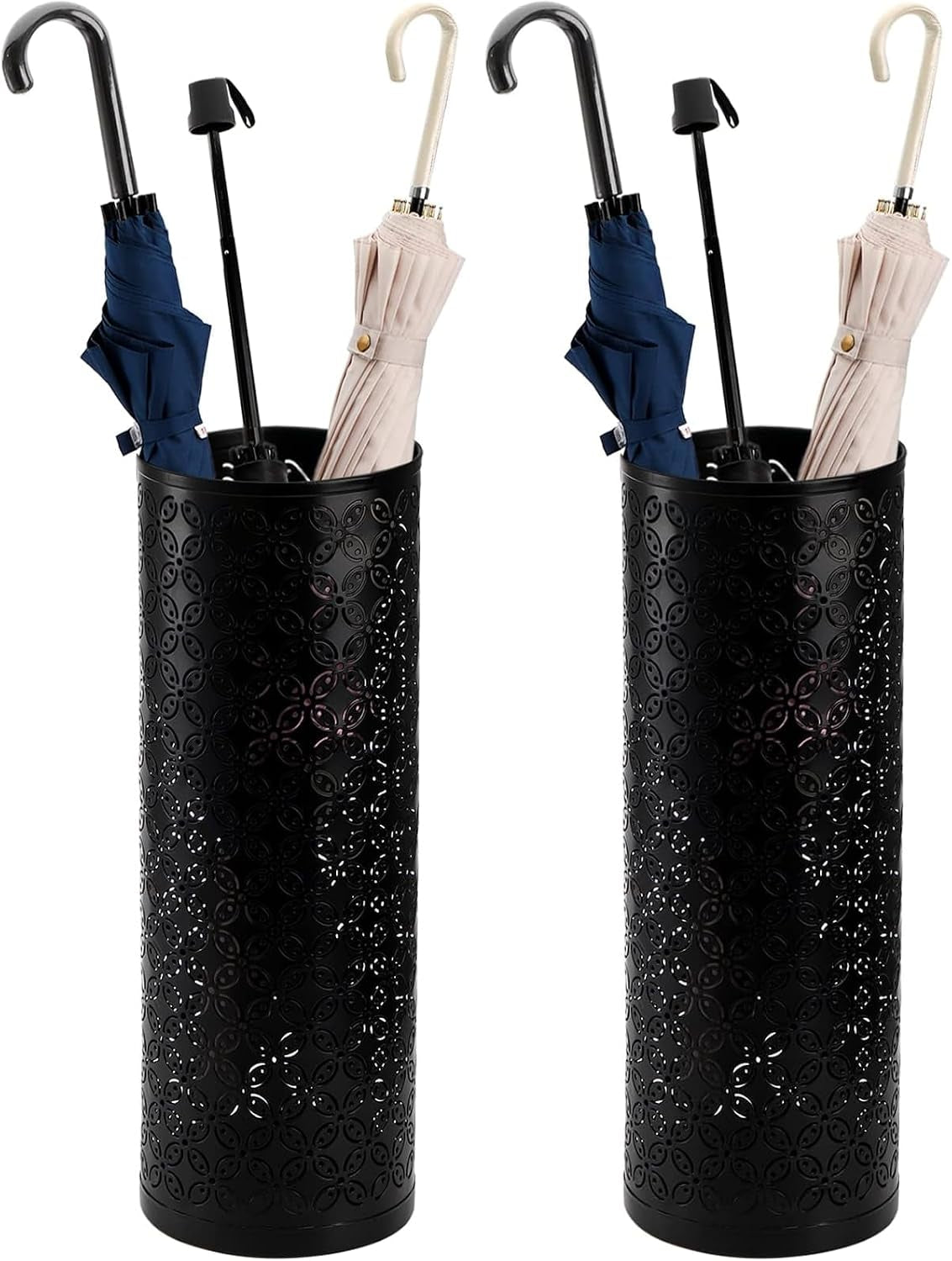 Two identical black metal umbrella stands side by side, each filled with a few umbrellas, on a white background.
