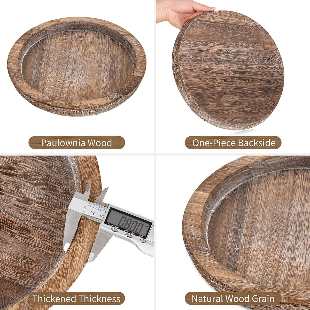 Collage showing tray top, one-piece backside, caliper measuring rim thickness and visible natural wood grain