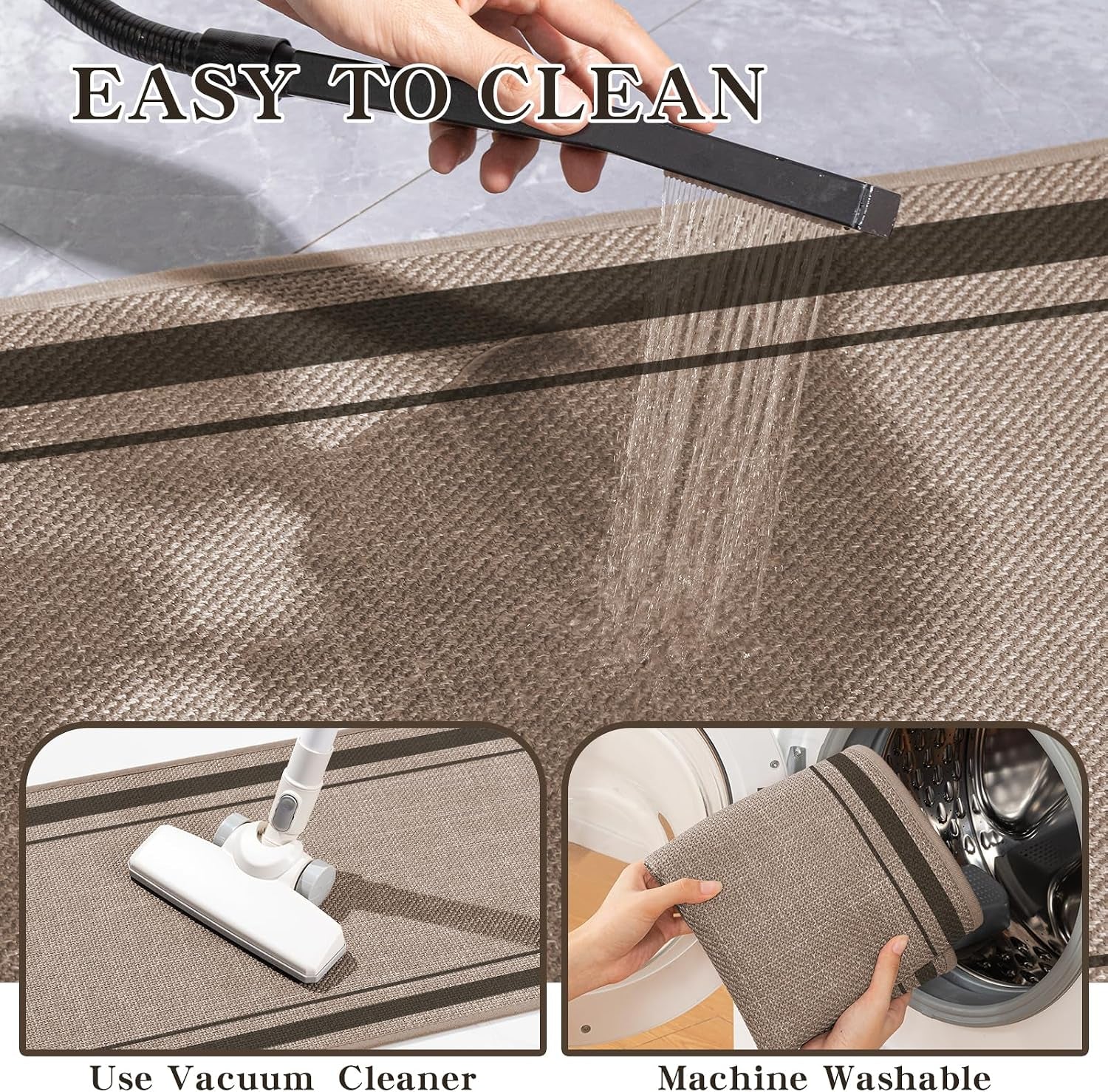 Rug being rinsed under a shower nozzle with inset images showing vacuum cleaning and machine washing care options
