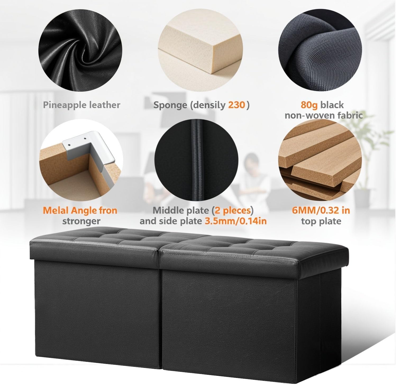 Two black tufted storage ottomans side by side with circular close-ups of materials above