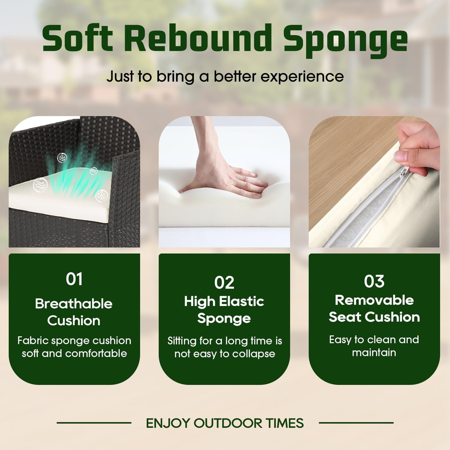 Three-panel graphic showing cushion breathability, hand pressing foam, and a zippered removable cushion cover.