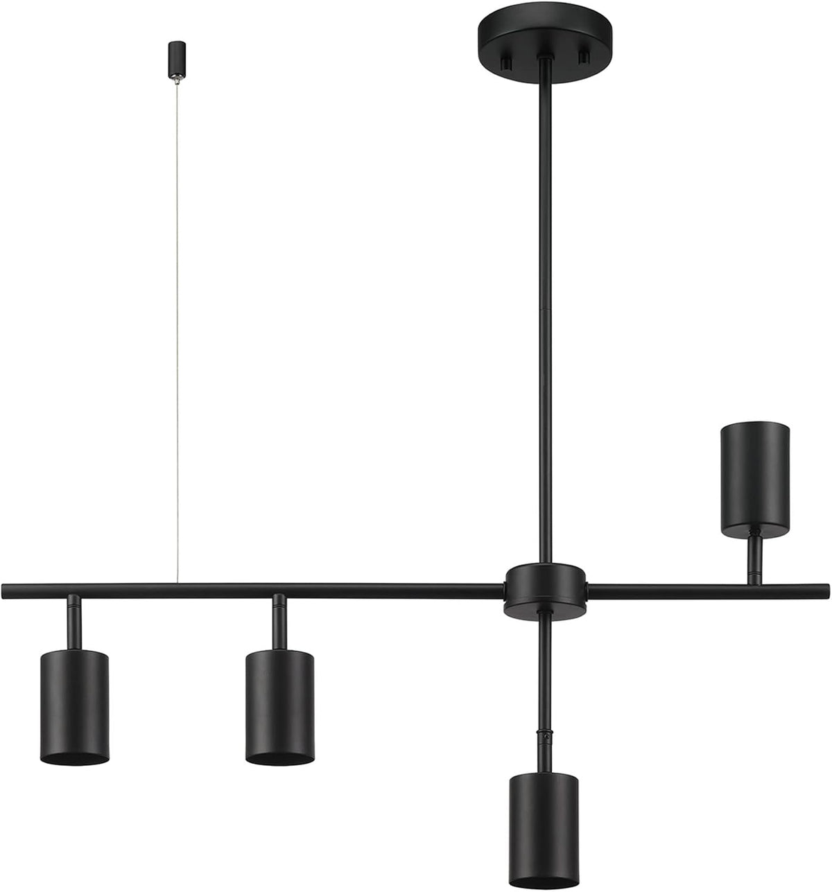 Close configuration view of the track showing black canopy, vertical rod, suspension cable and three black cylindrical shades