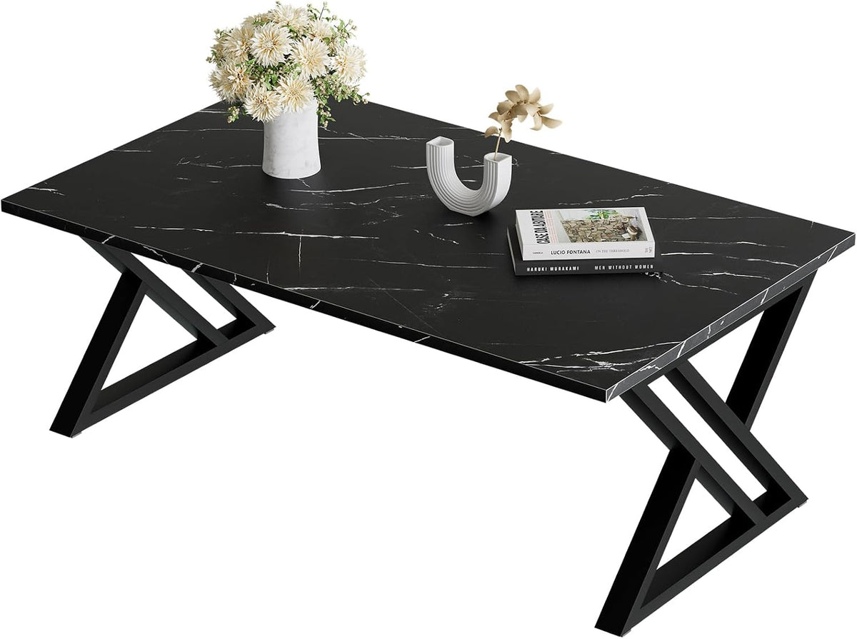 Black faux‑marble rectangular top with black X‑shaped metal legs on a white background.