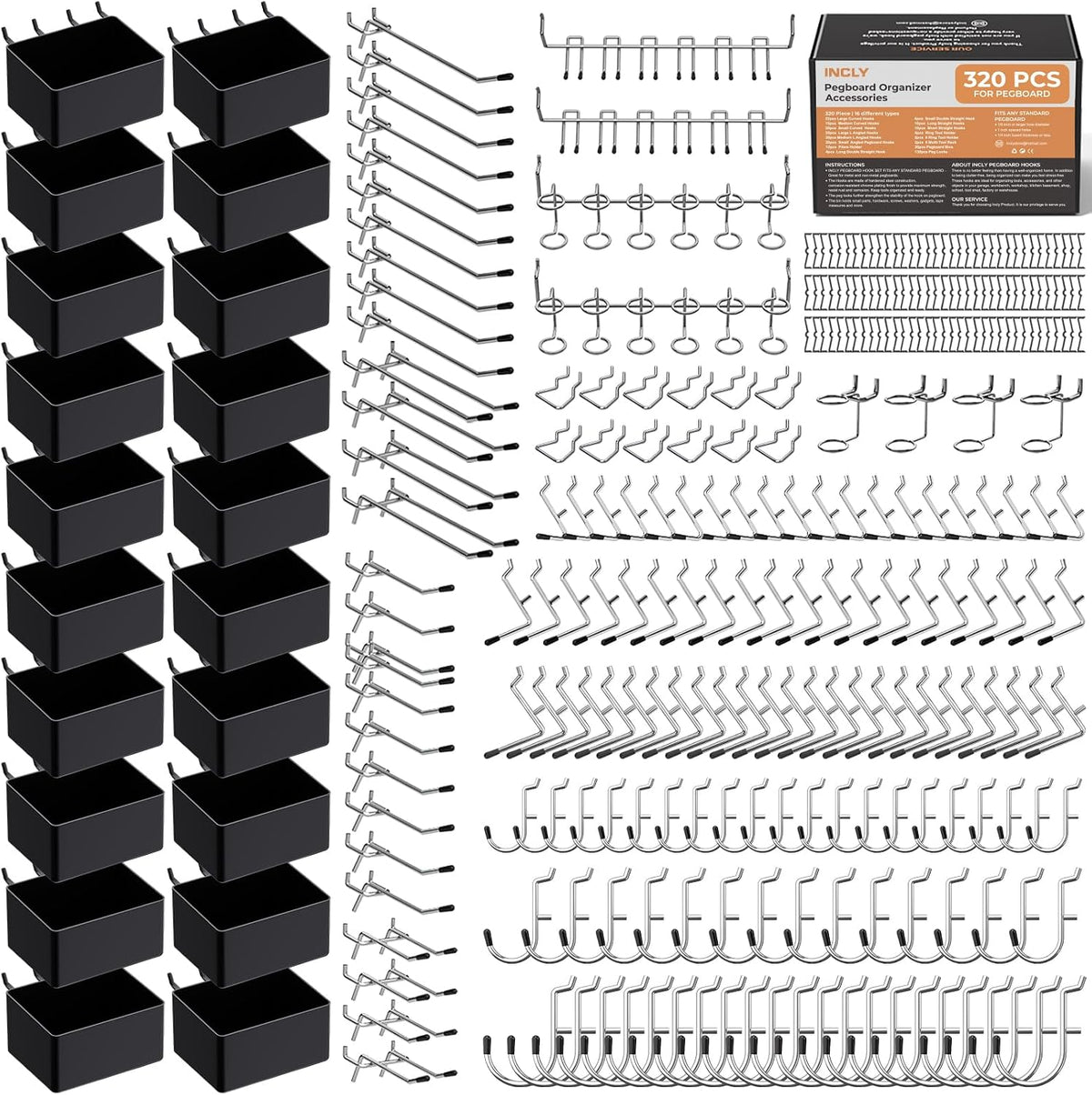 Arranged set of pegboard accessories on a white background: multiple black bins and many metal hooks displayed in rows.