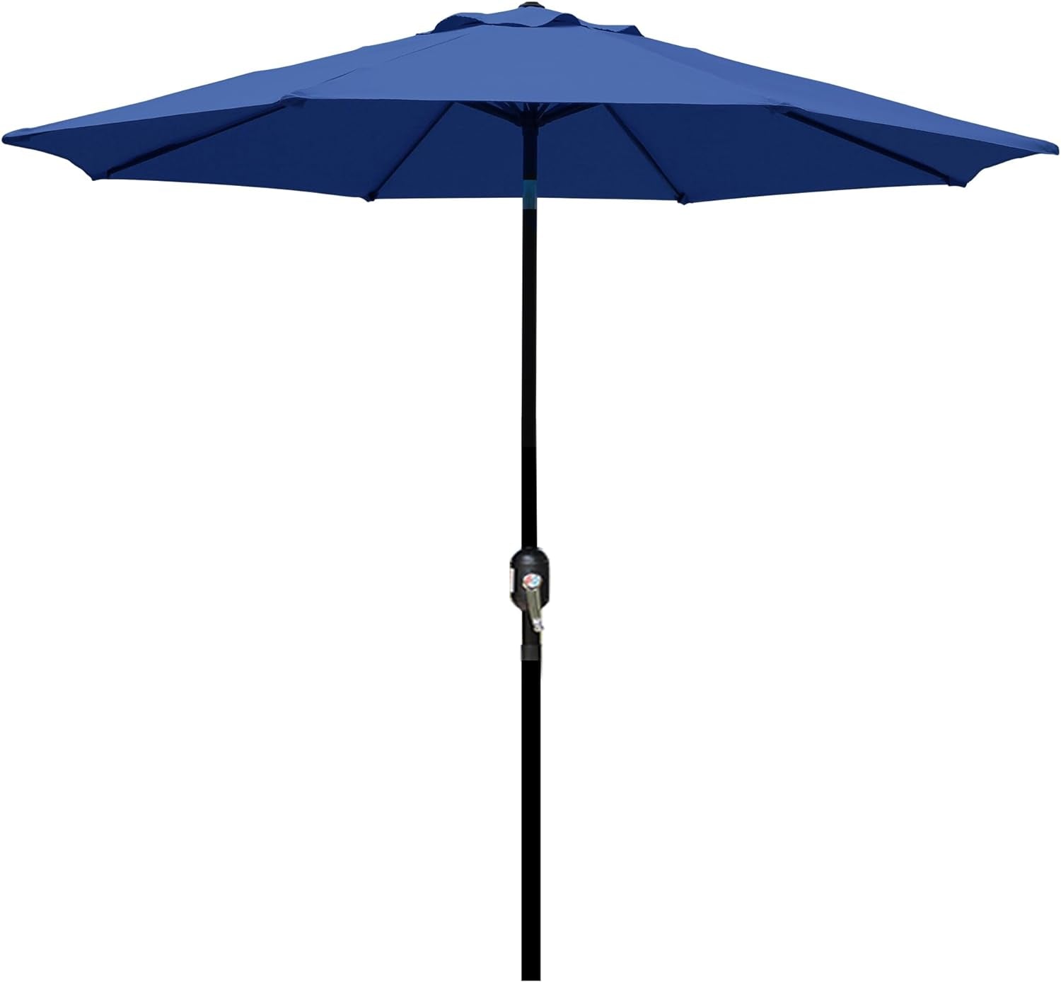 Front view of a navy blue patio umbrella showing canopy ribs and a black pole with crank.
