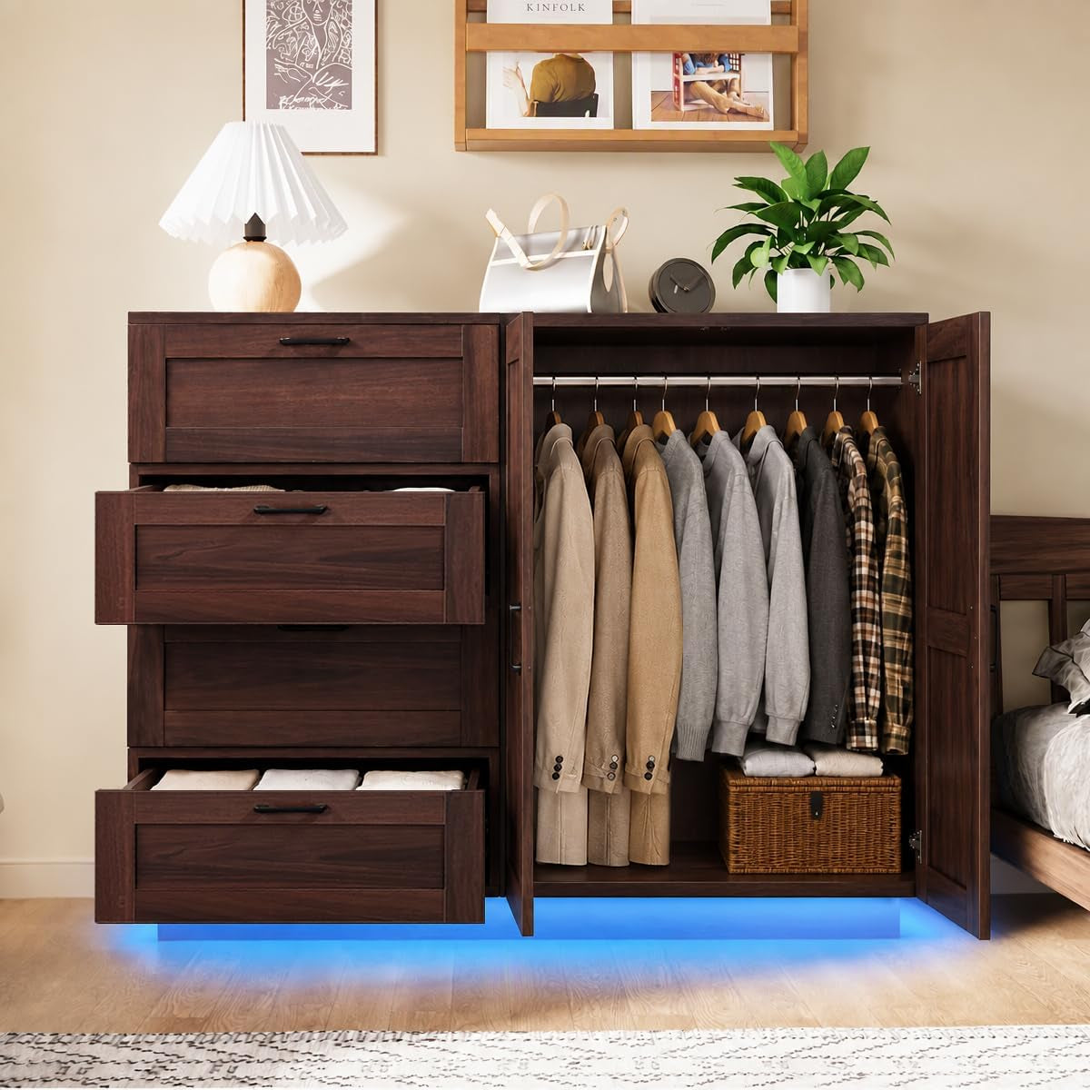 Interior view showing short hanging rod filled with jackets and open drawers with folded clothing and storage basket
