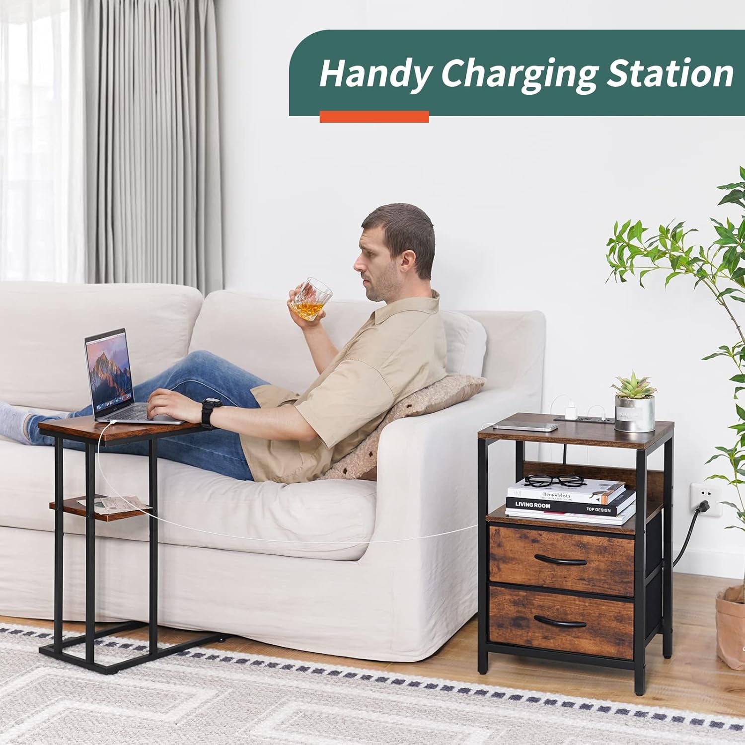 Close-up of the nightstand top with two USB ports and two AC outlets and devices charging