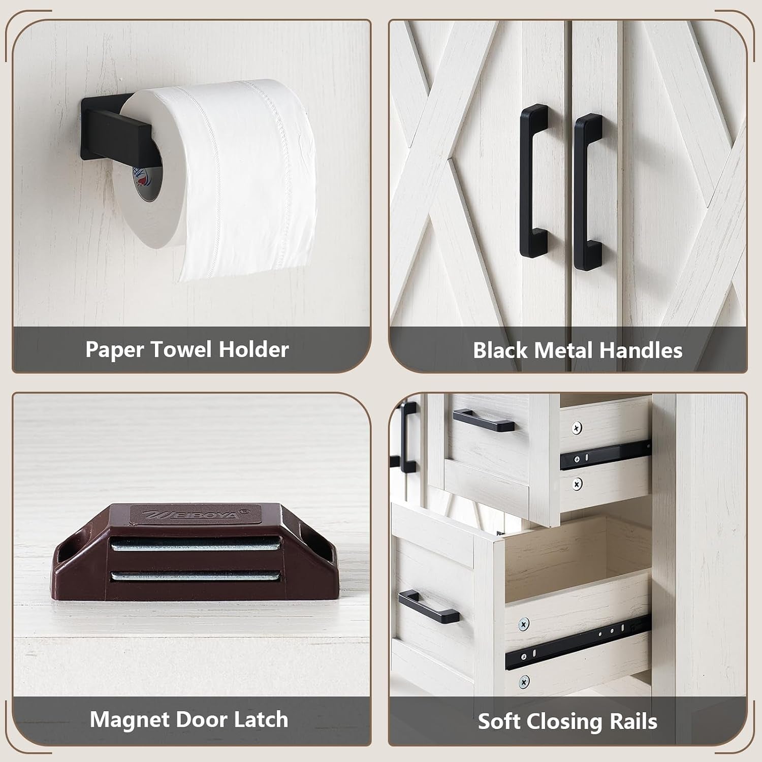 Detail collage of paper-towel holder, black metal handles, magnetic door latch and drawer rails