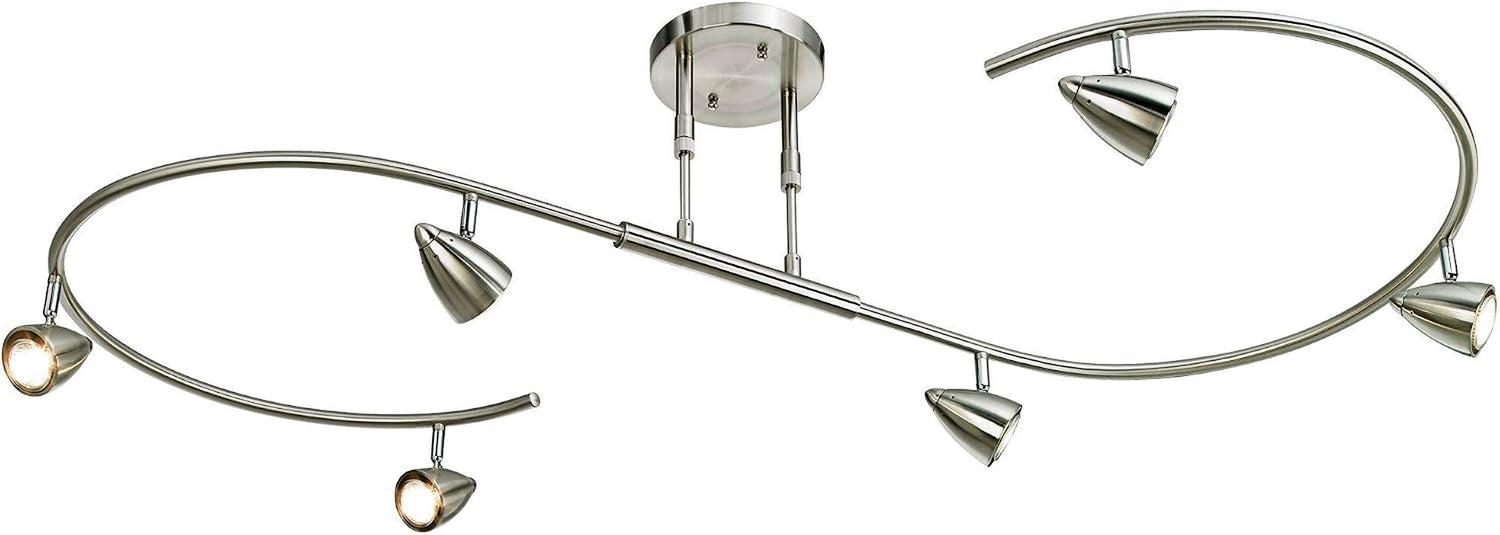 Top-front view of 54-inch S-shaped ceiling track light with six adjustable heads on white background
