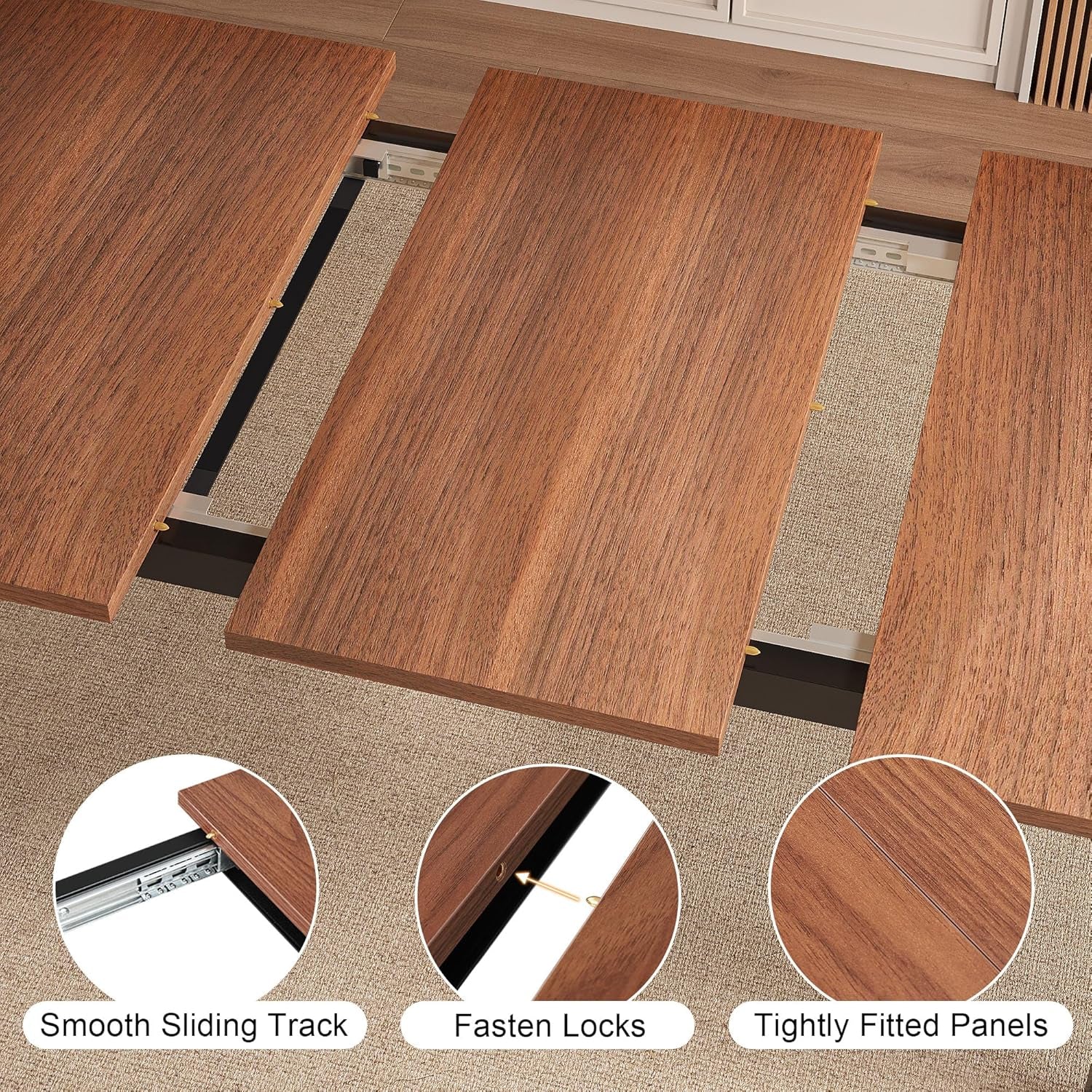 Close-up of three removable tabletop panels showing sliding tracks and fastening details