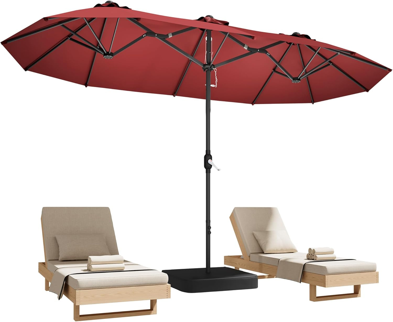 Red rectangular patio umbrella on a black pole and base shown above two wooden chaise lounges.