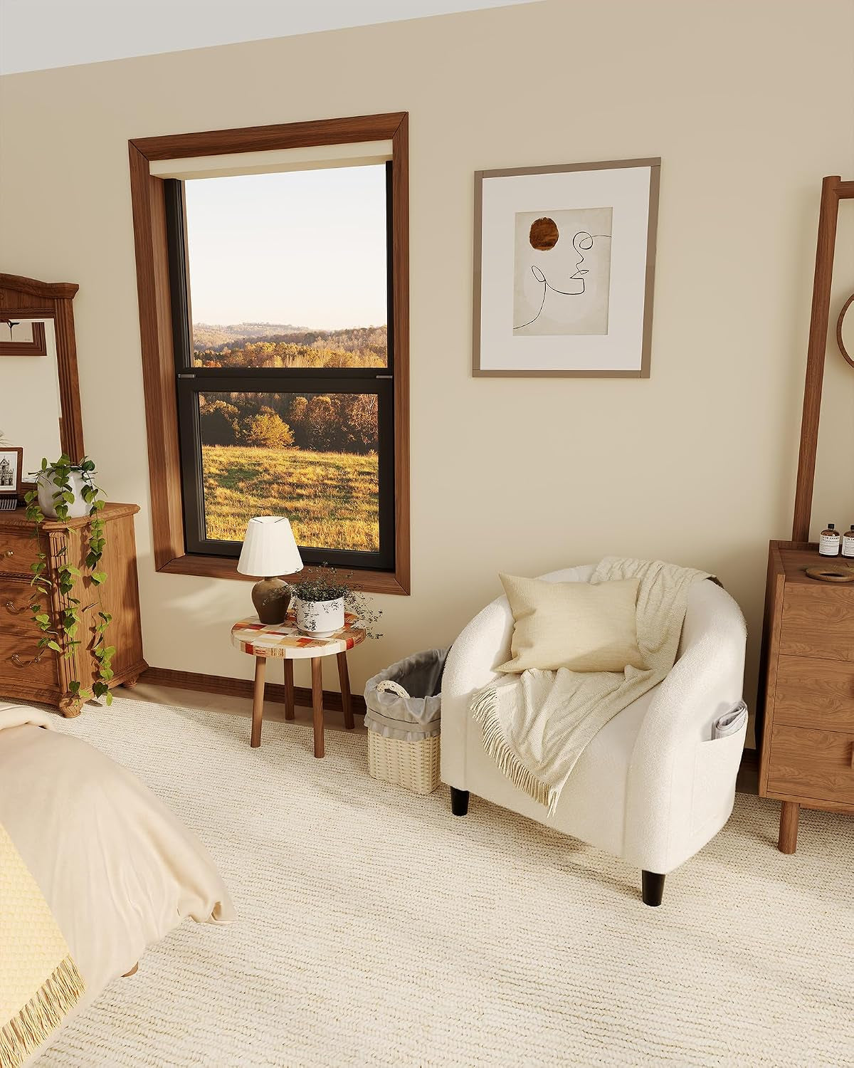 Single beige boucle armchair in a cozy bedroom corner beside a small table and window.