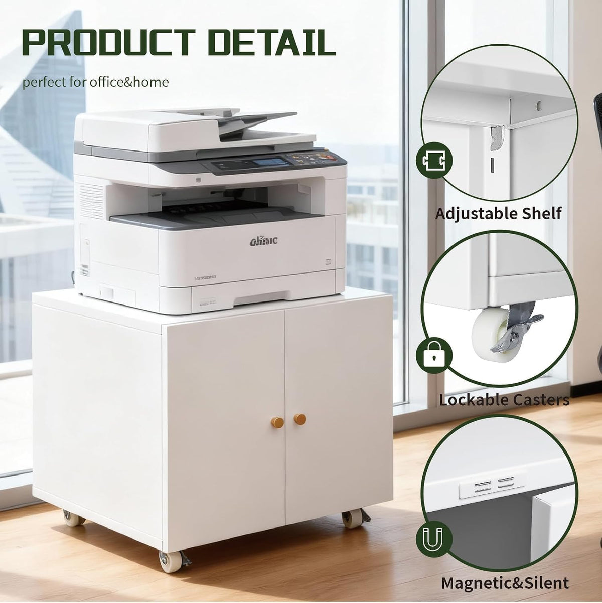 Collage view of white cabinet with printer on top and close-ups of the adjustable shelf and a lockable caster