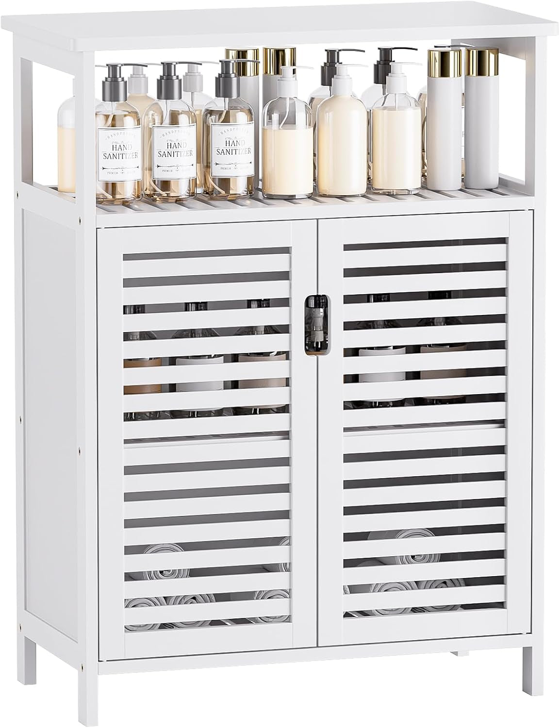 Freestanding white bathroom cabinet with horizontal slatted doors and an open top shelf stocked with bottles.