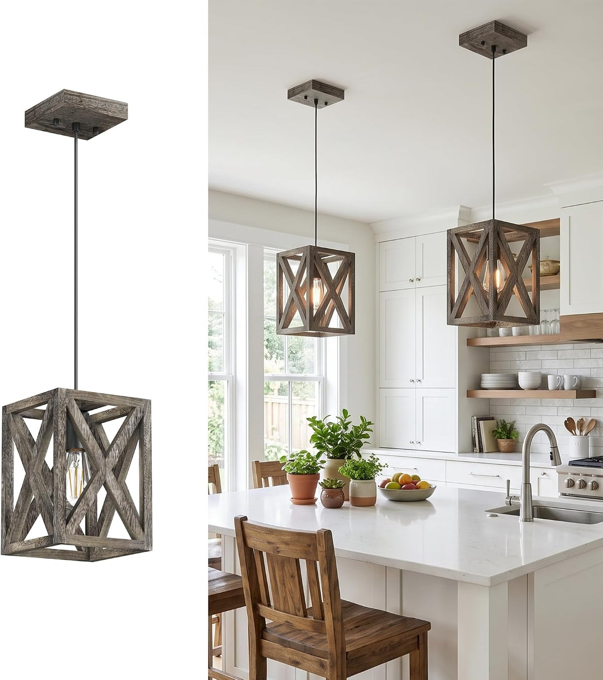 Two cube pendants suspended over a bright kitchen island; left inset shows one pendant isolated on a white background.