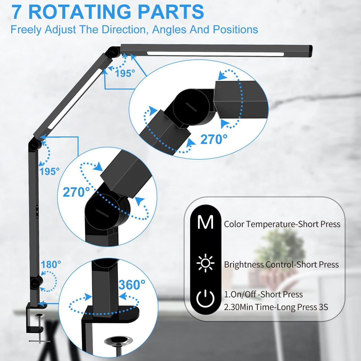 Close-up diagram of the lamp joints showing seven rotating parts with 270°, 195° and 180° degree markings and control icons