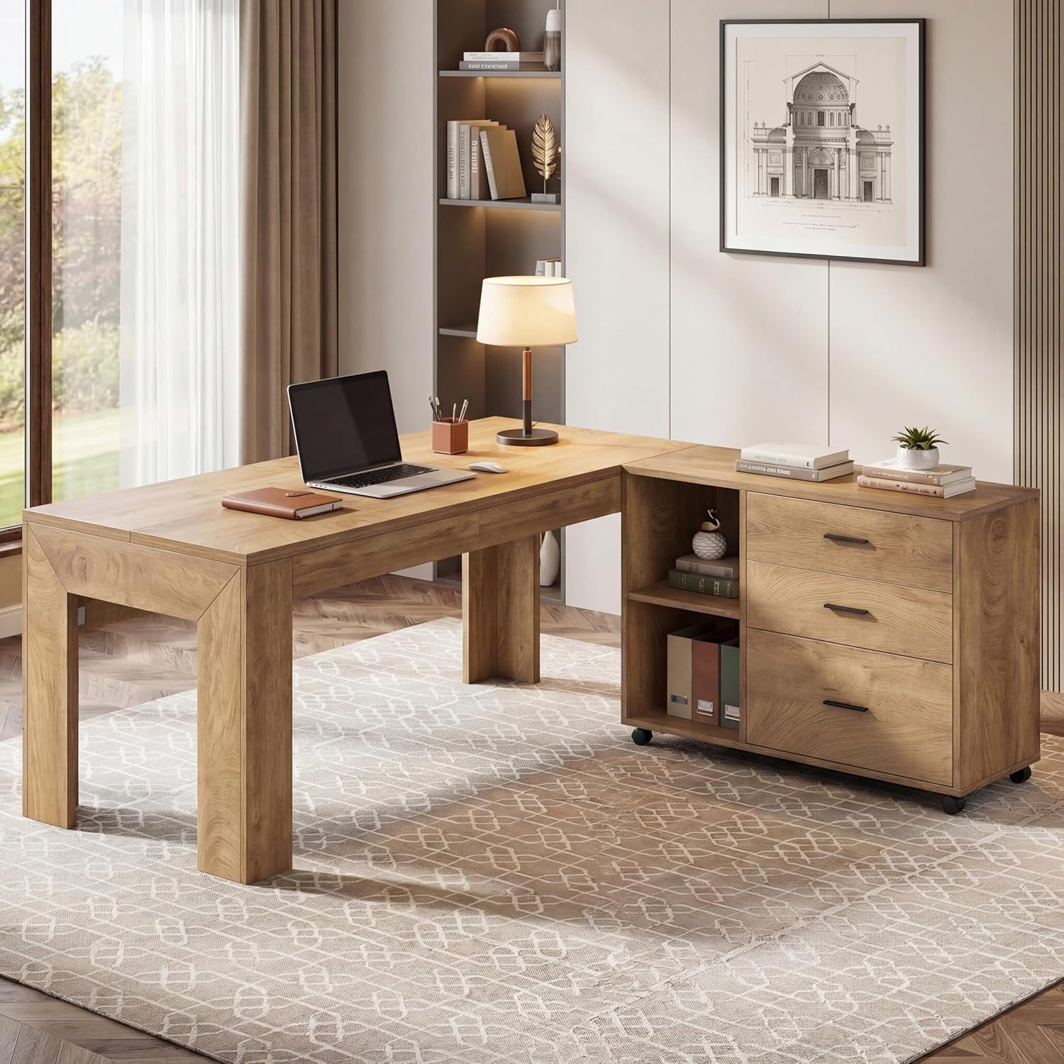 Brown L-shaped desk with open shelving and three-drawer mobile file cabinet shown in a light, carpeted room