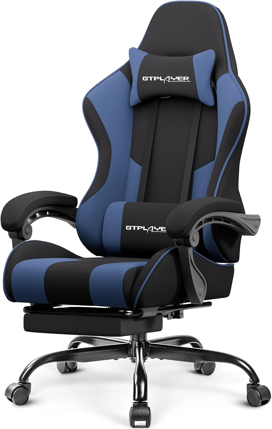 Blue and black high-back gaming chair shown angled slightly to the right with padded armrests and visible footrest.