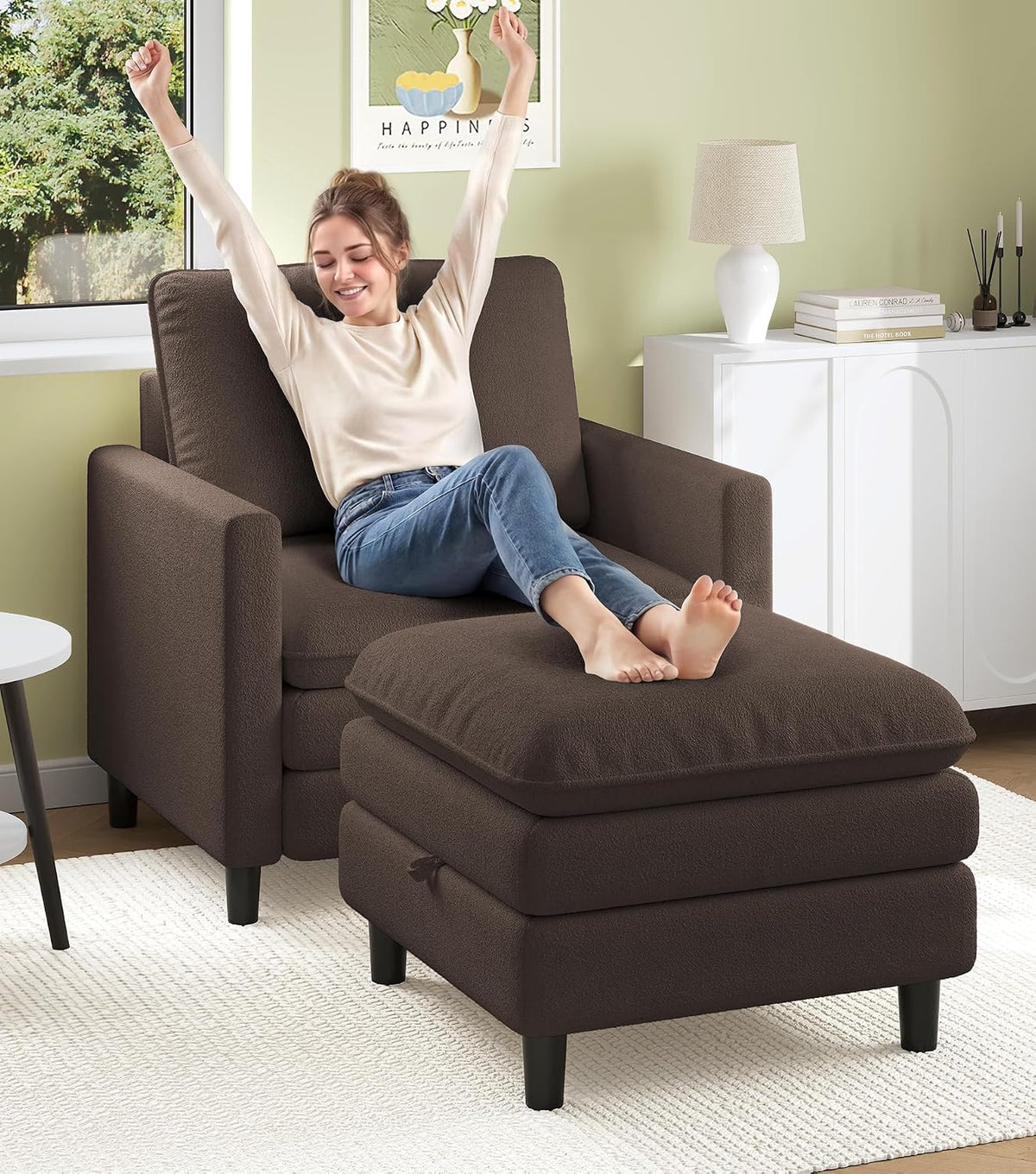 Brown loveseat and ottoman arranged as a chaise with a woman stretching on top.