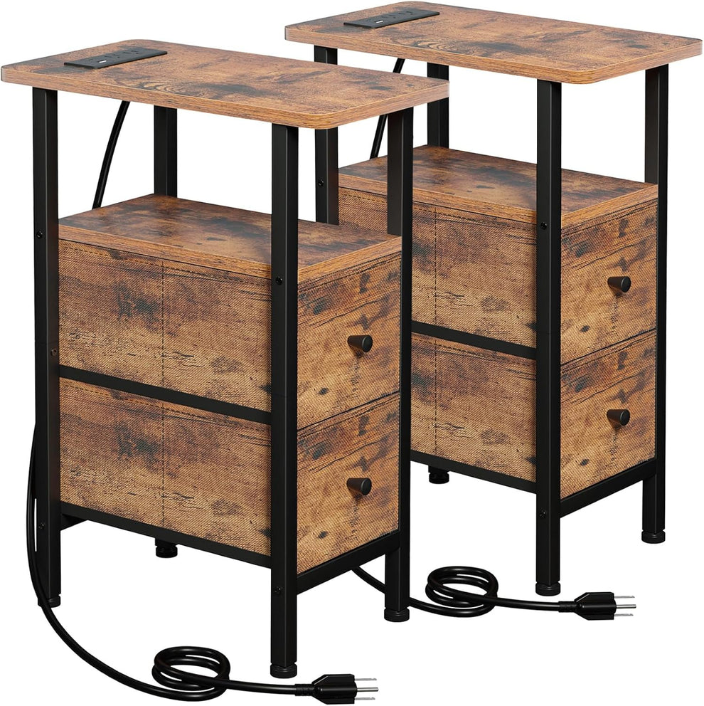 Two narrow end tables with wood-look tops, fabric-front drawers and black metal frames shown side by side.