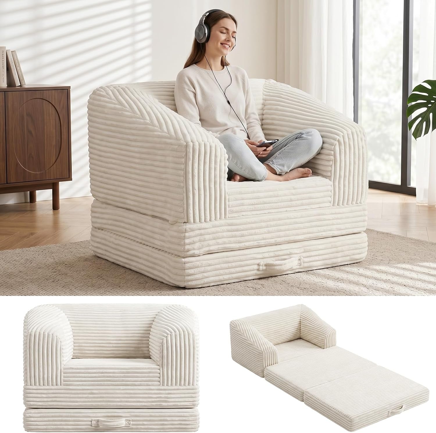 Person sitting cross‑legged on an ivory corduroy foldable loveseat near a window and plant.