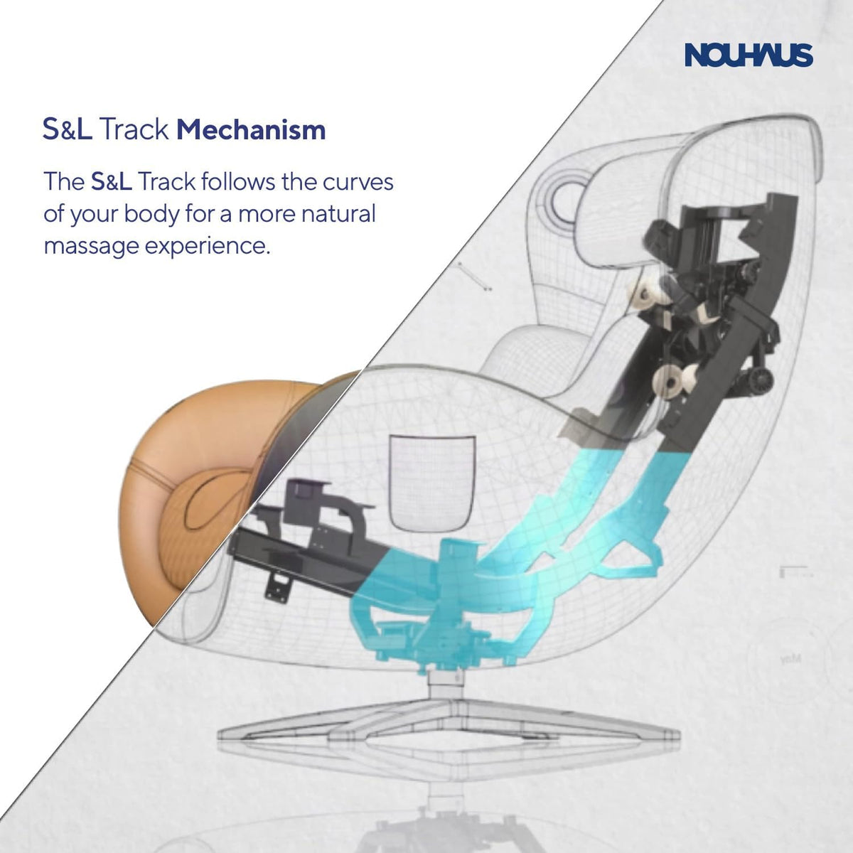Technical cutaway illustration of the massage chair showing the internal S&L track mechanism and frame components