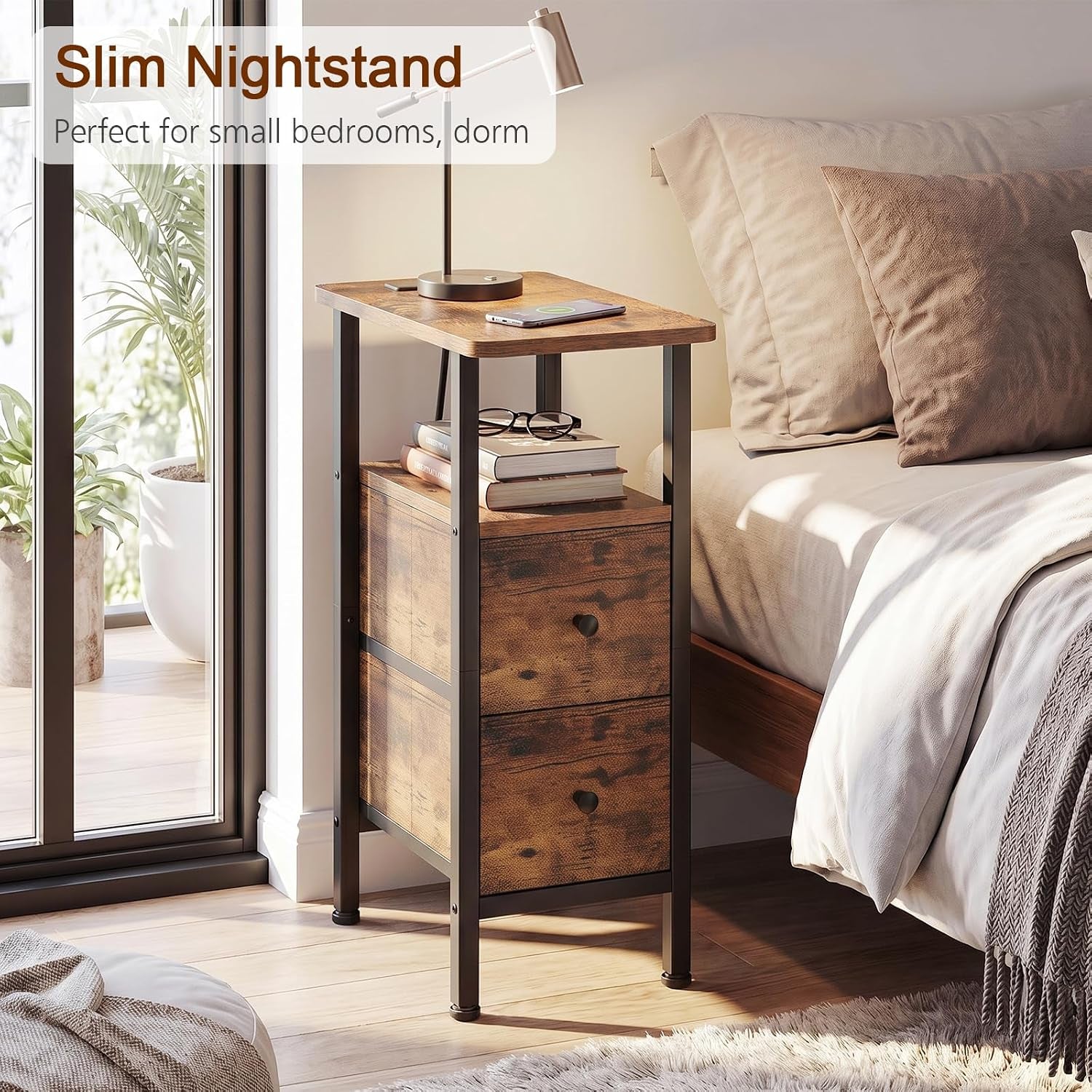 Slim rustic brown nightstand beside a bed with lamp, books and glasses on its shelves