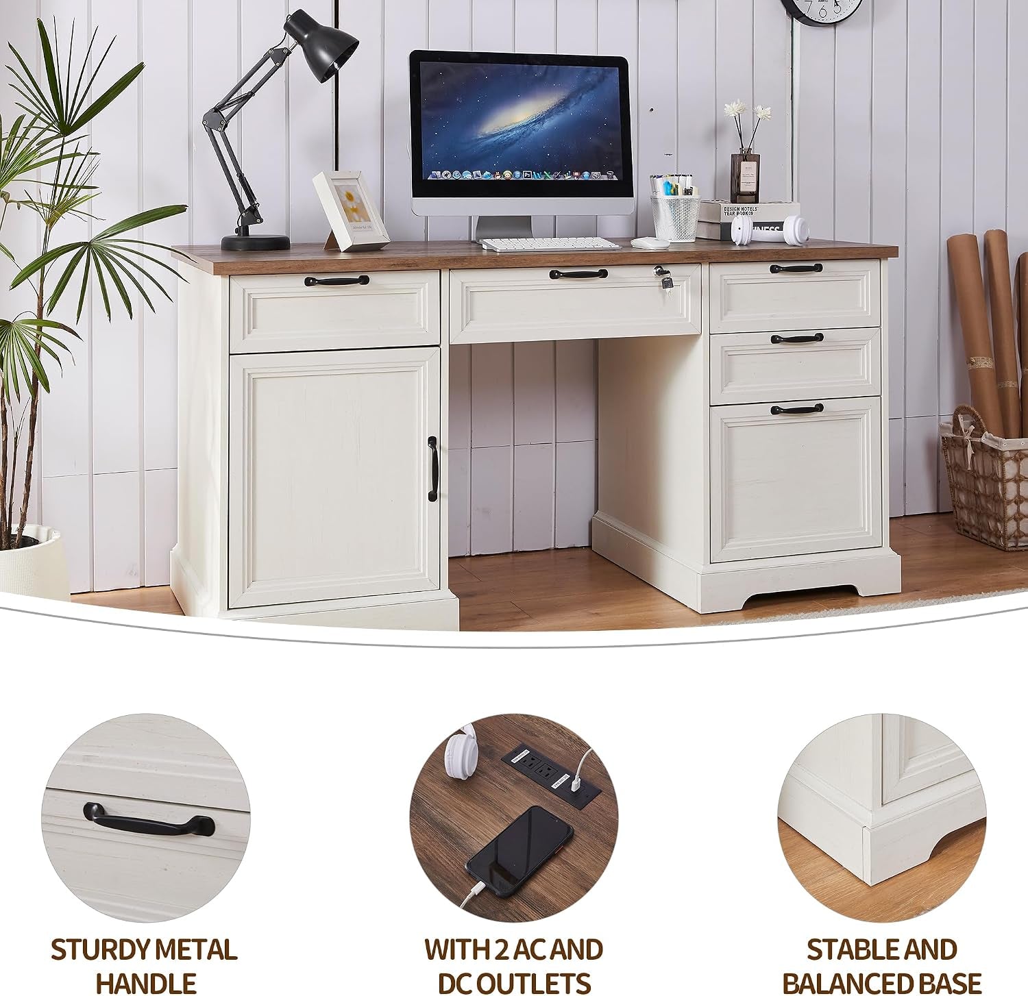 Front view of the desk with rustic wood top, metal handles and the built-in power module visible on the desktop