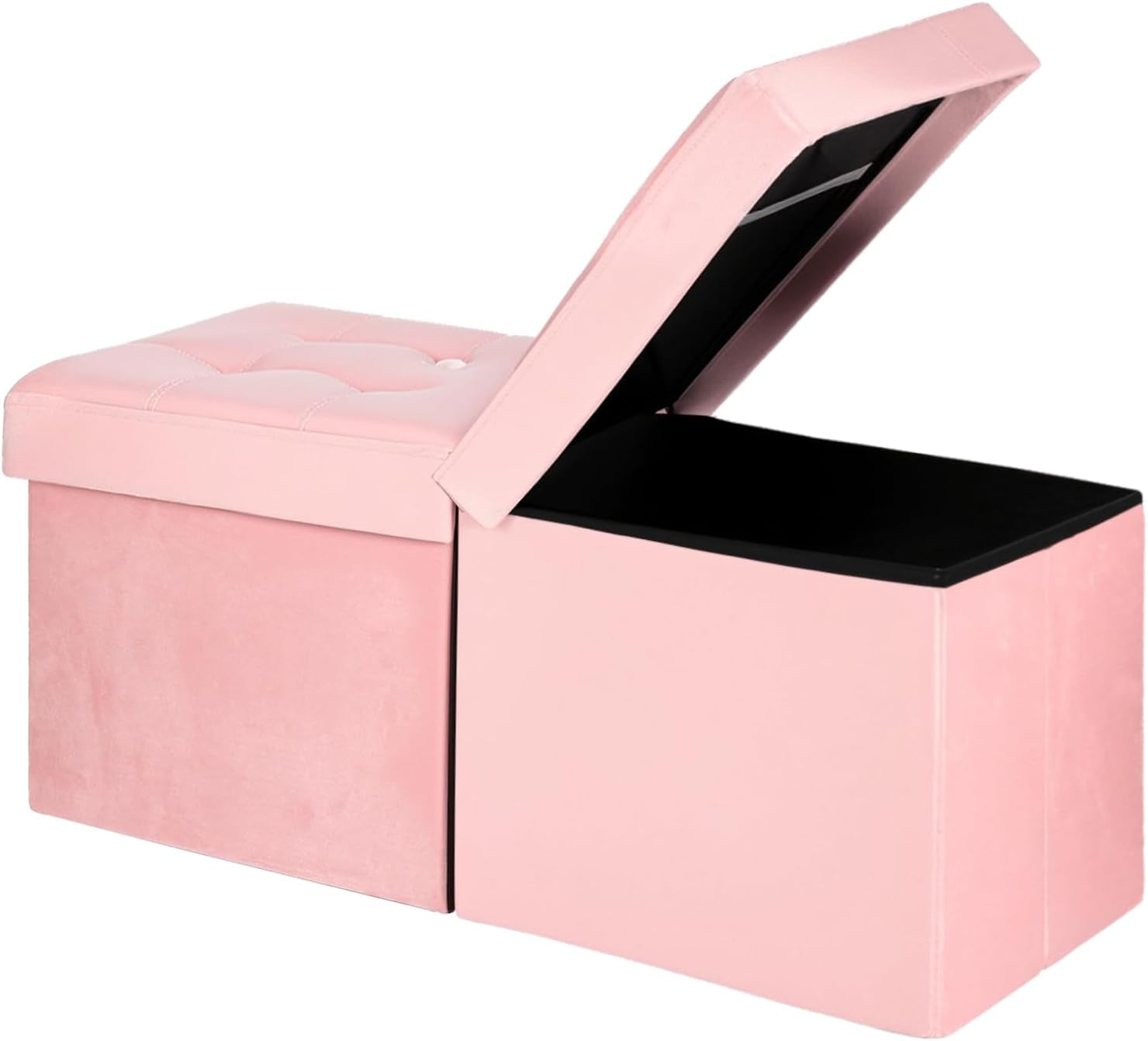 Two-segment pink storage ottoman bench with one lid open showing black interior