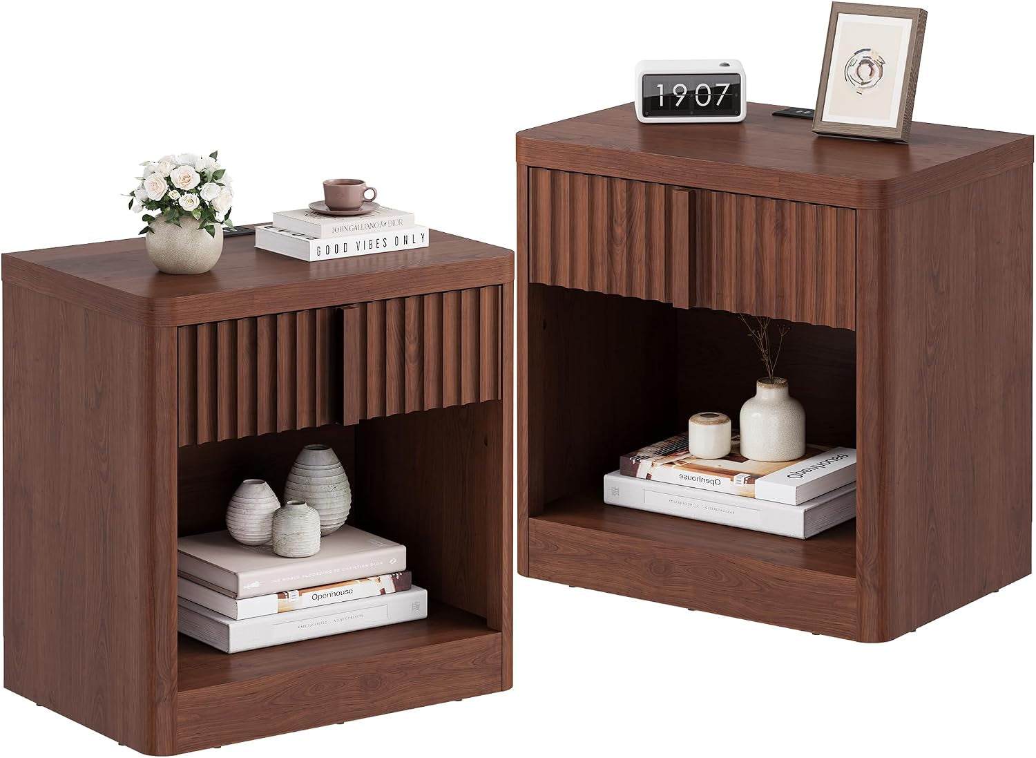 Two brown wood fluted nightstands shown from front with open lower cubby and staged decor.