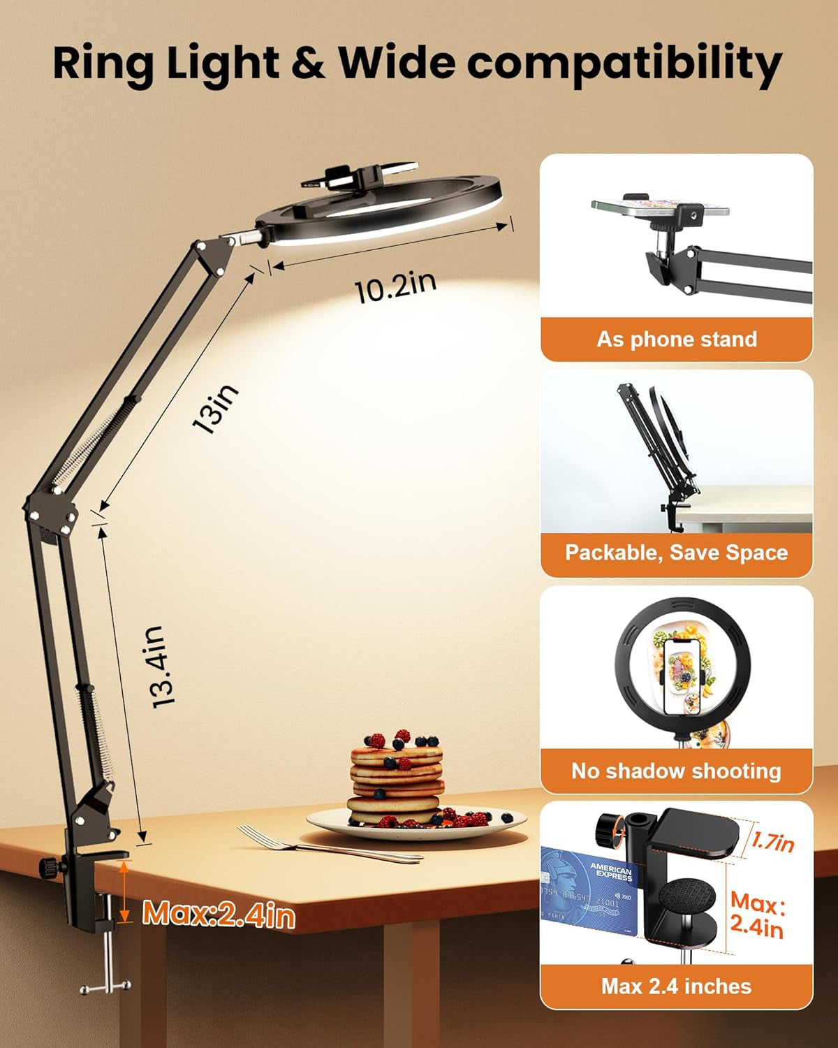 Diagram of clamp-mounted arm with dimensions and close view of desk clamp indicating a maximum 2.4 inch thickness