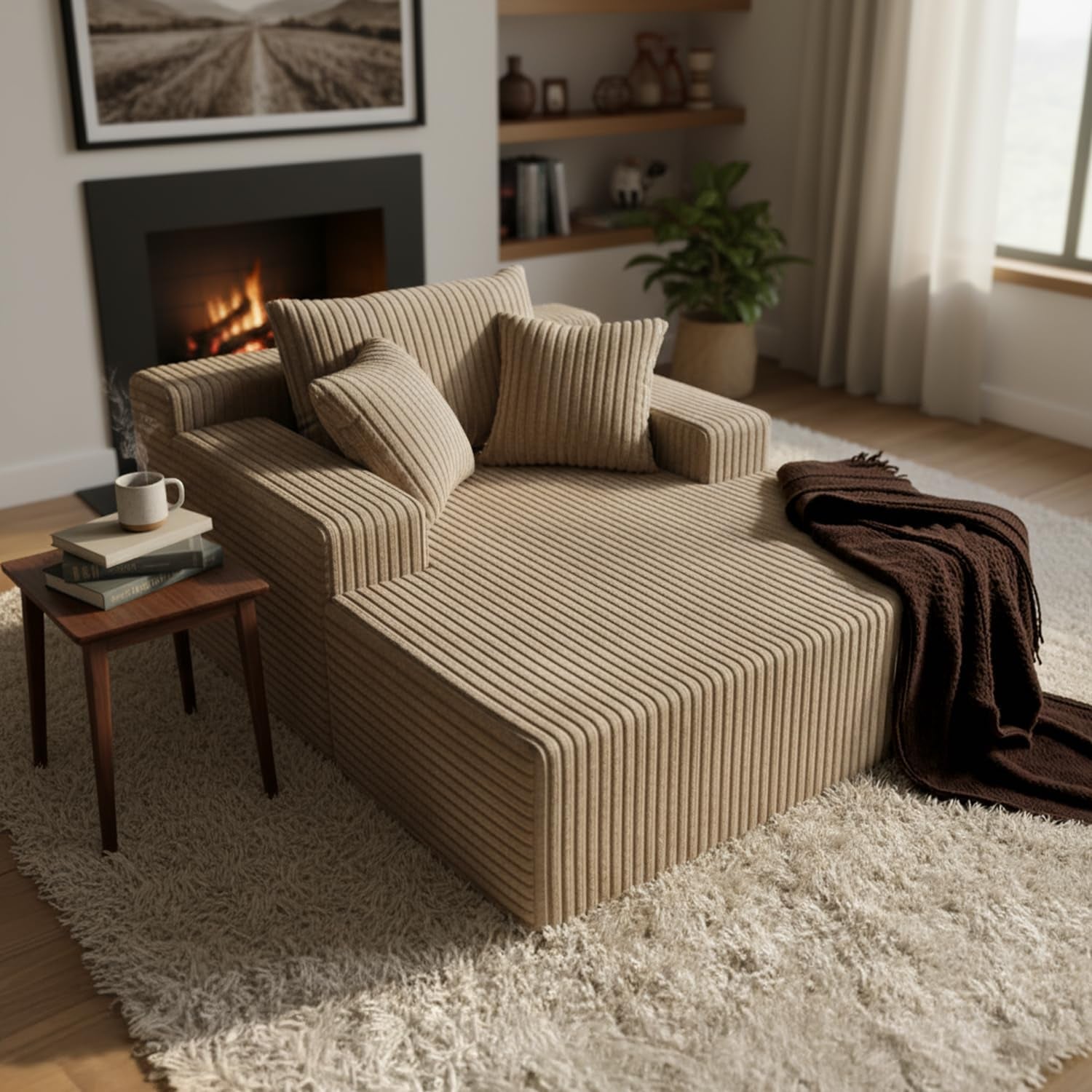 Three-quarter view of a tan ribbed single-seat floor sleeper on a shag rug with a dark folded throw at the foot.