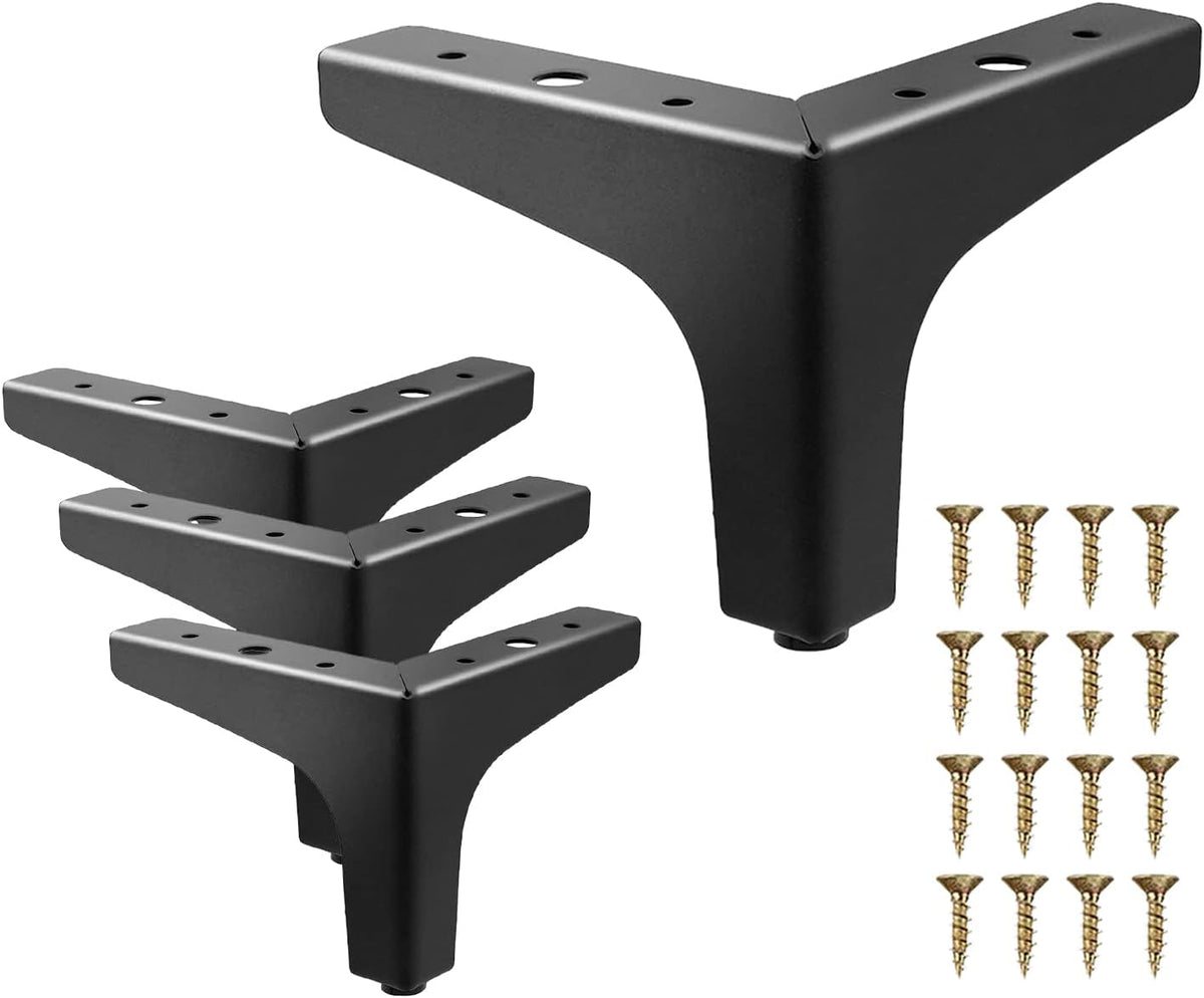 Angled view of three black metal legs fanned out with a larger leg in foreground and screws along the right edge