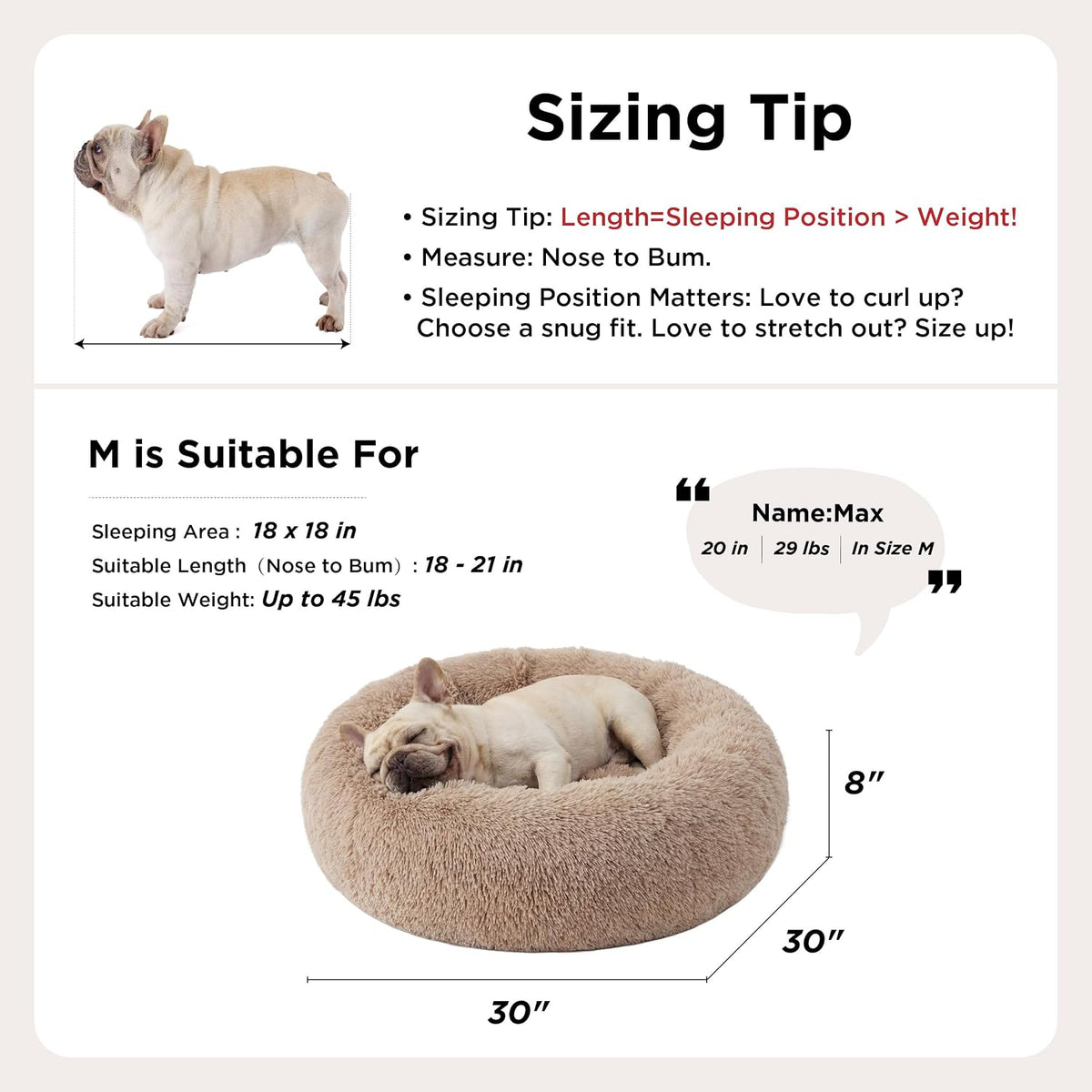 Beige fluffy round bed with a sleeping bulldog shown in a sizing diagram and perspective view.