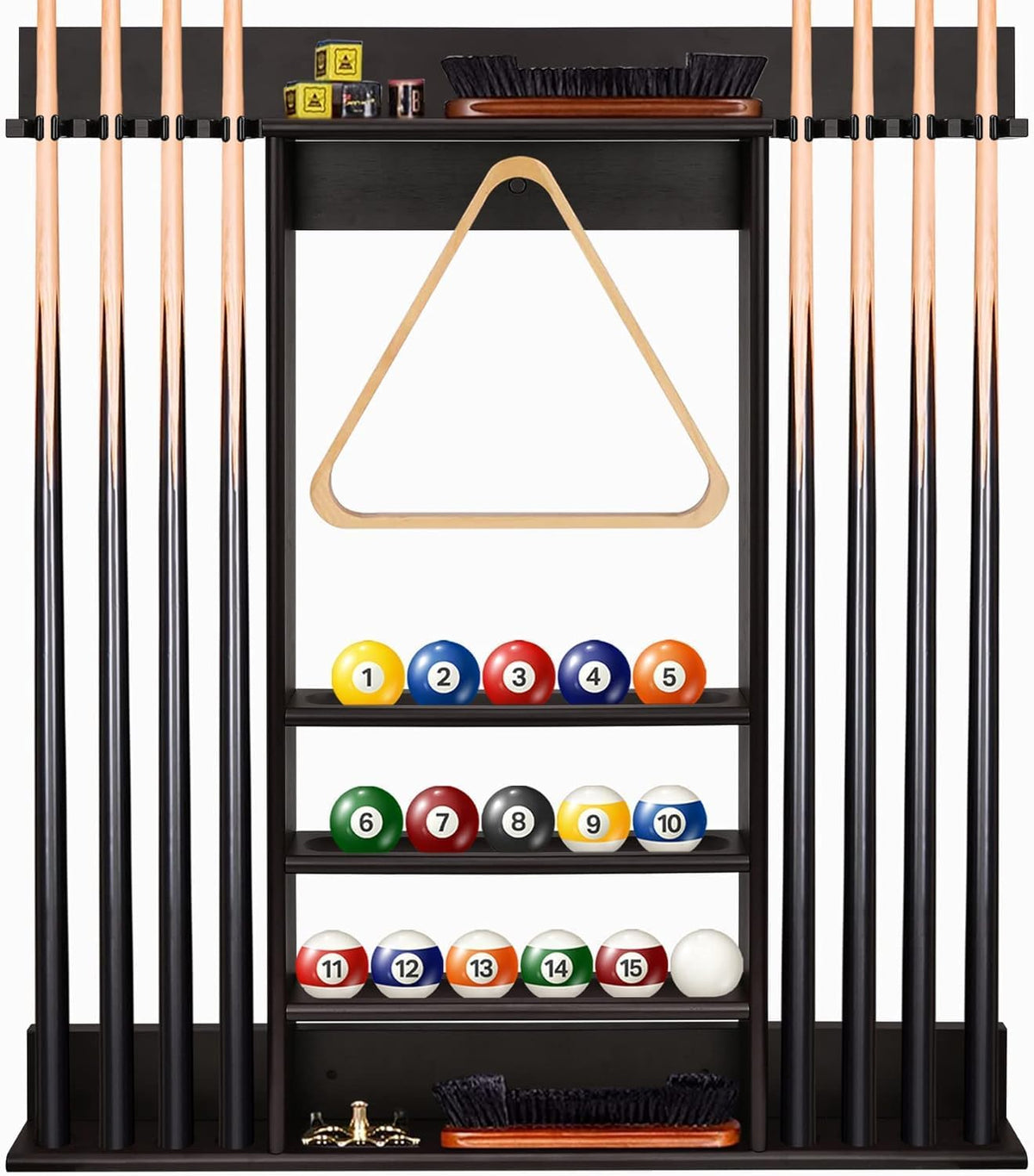 Front view of dark wood wall-mounted pool rack holding eight cues, triangle rack, rows of numbered balls and accessories