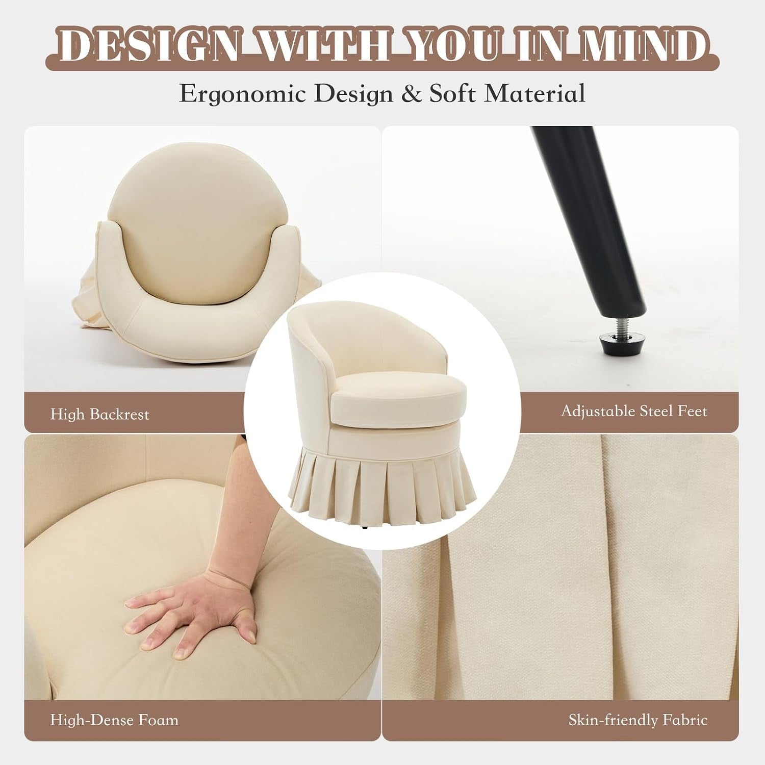 Detail collage showing high backrest, foam cushion, pleated skirt and adjustable steel leg