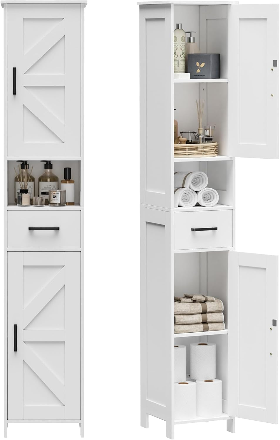 White tall bathroom cabinet shown closed at left and open at right with towels, toiletries and drawer