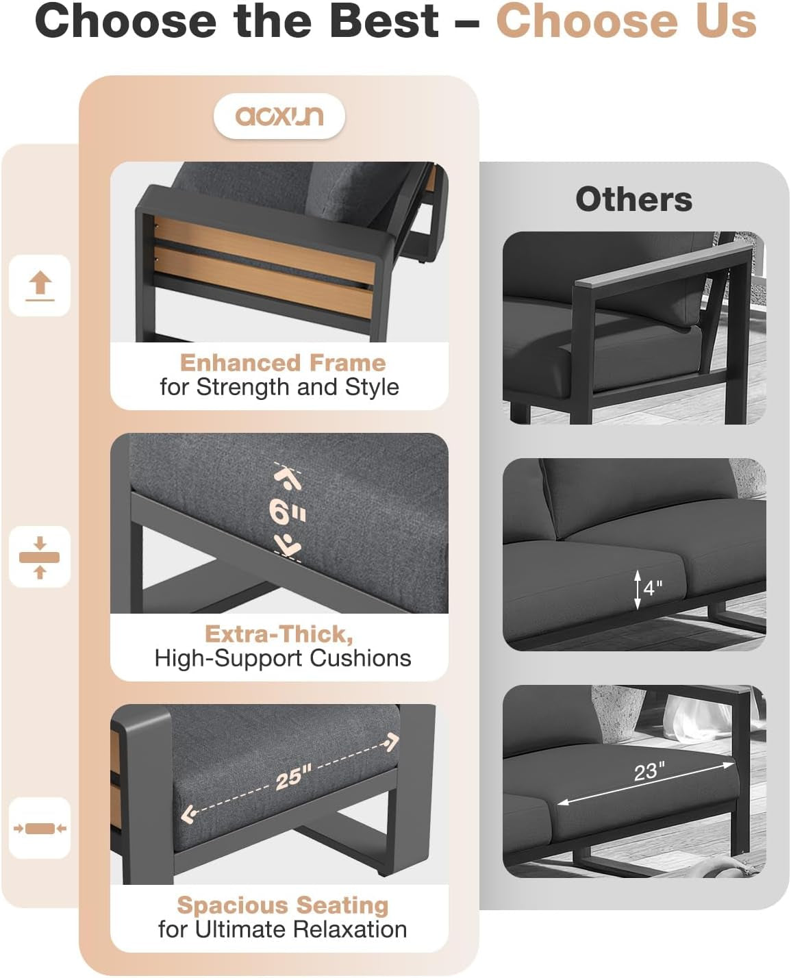 Three inset closeups comparing cushion thickness, seat width, and frame details against other designs.