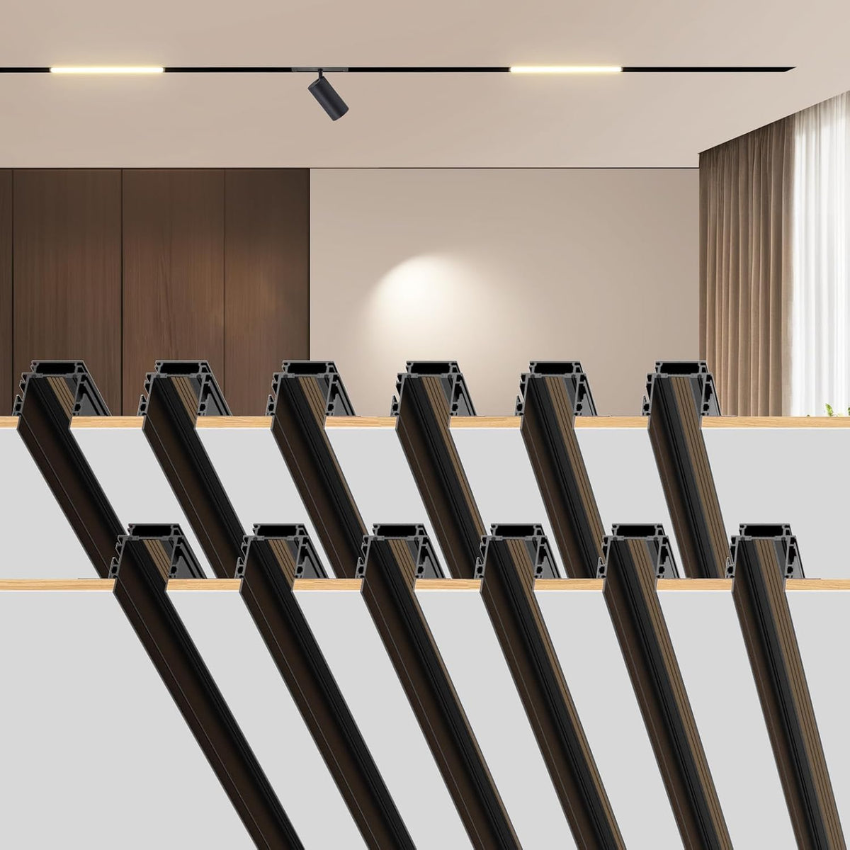Several black recessed track rail profiles layered in front of a softly lit room with a spotlighted wall and curtains.